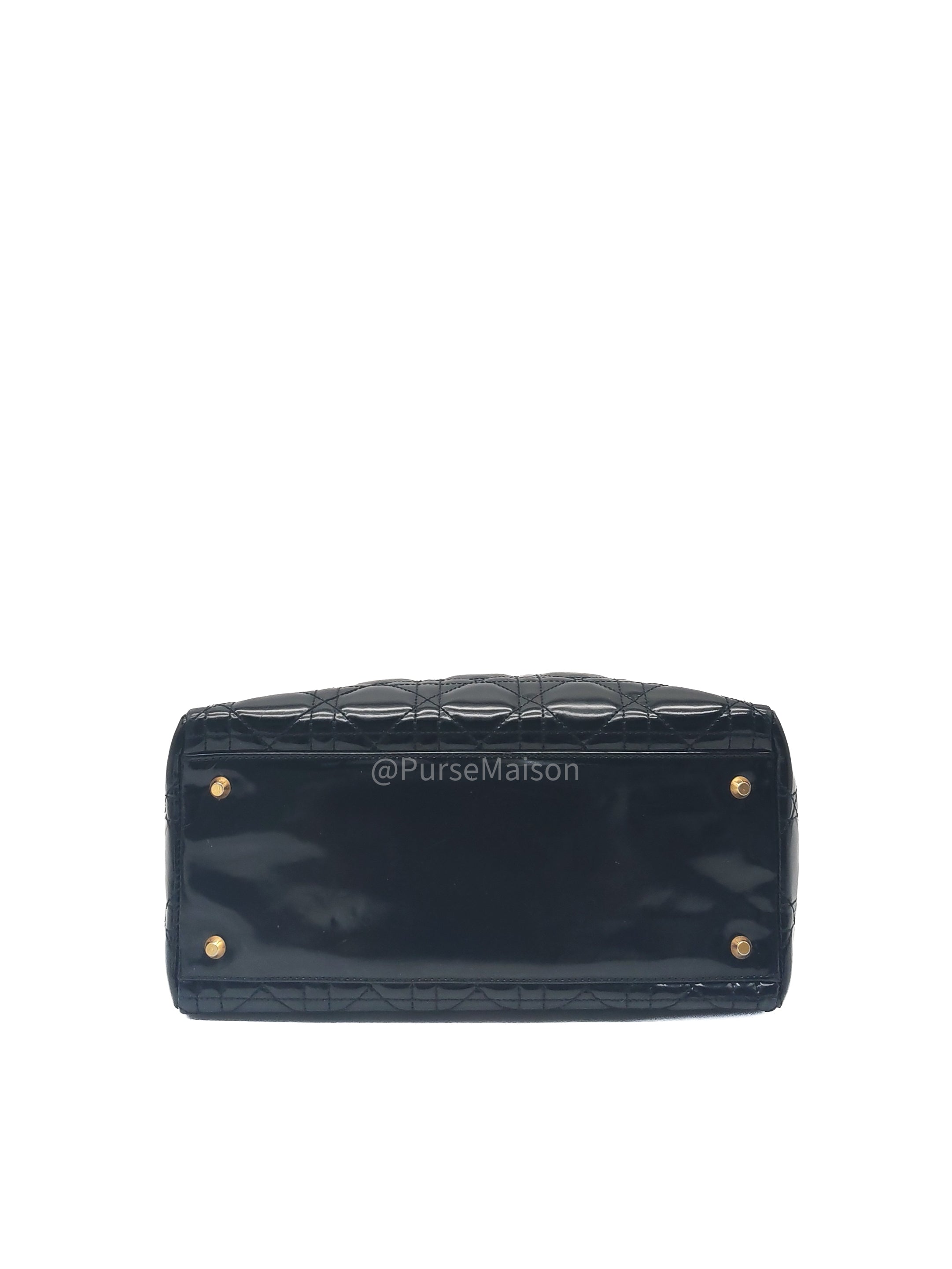 Christian Dior Lady Dior Handbag in Black Cannage Patent Leather GHW