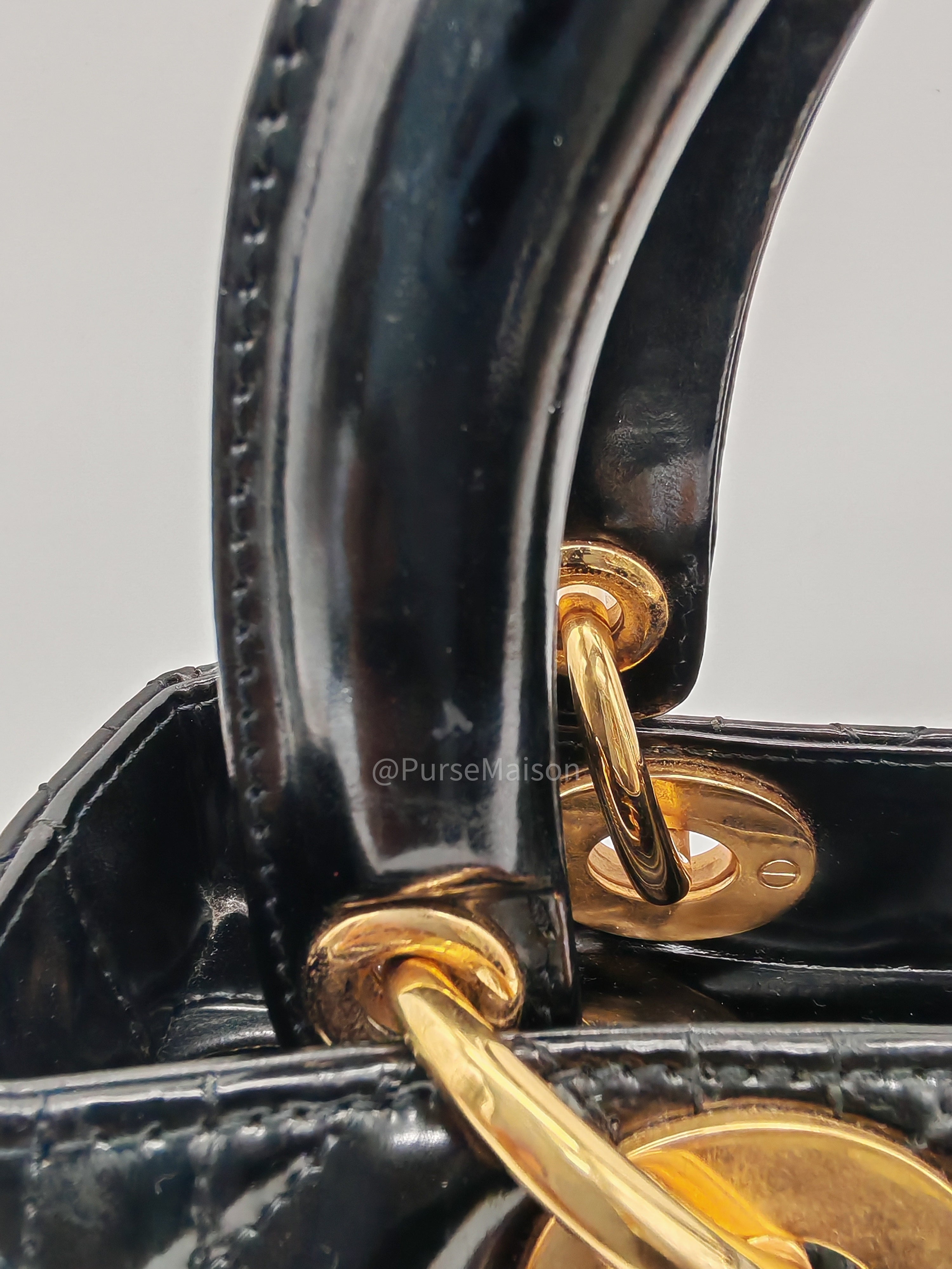 Christian Dior Lady Dior Handbag in Black Cannage Patent Leather GHW