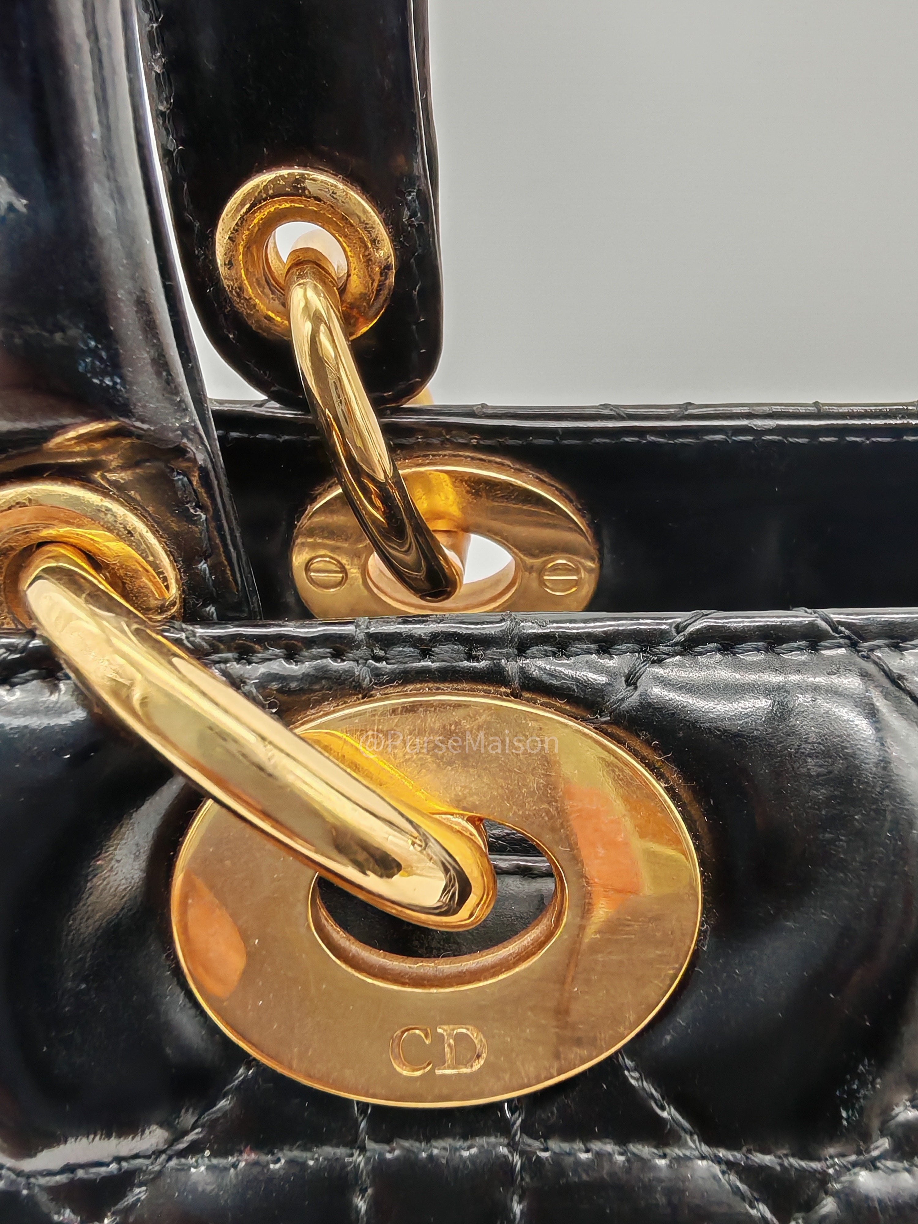 Christian Dior Lady Dior Handbag in Black Cannage Patent Leather GHW