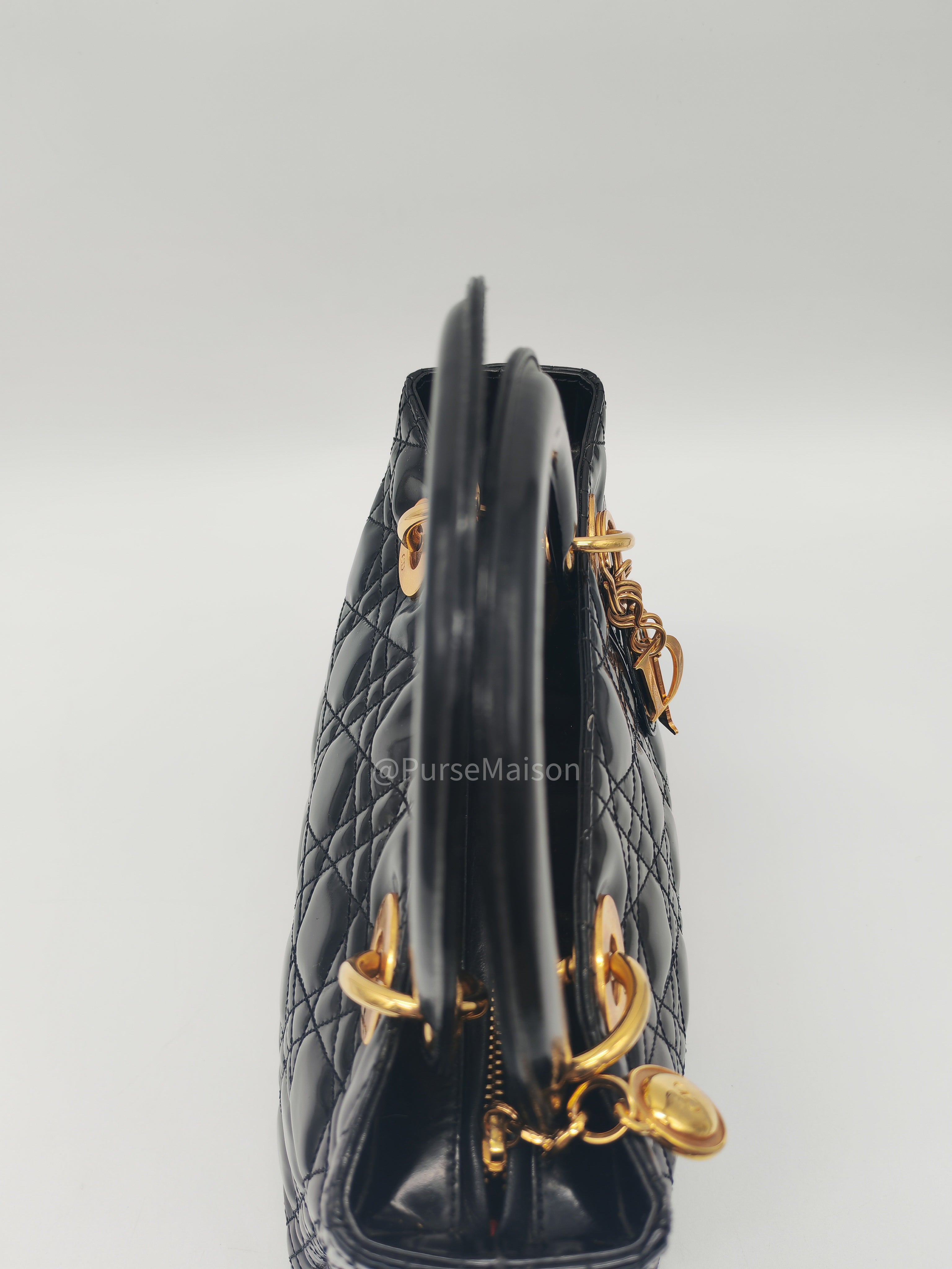 Christian Dior Lady Dior Handbag in Black Cannage Patent Leather GHW