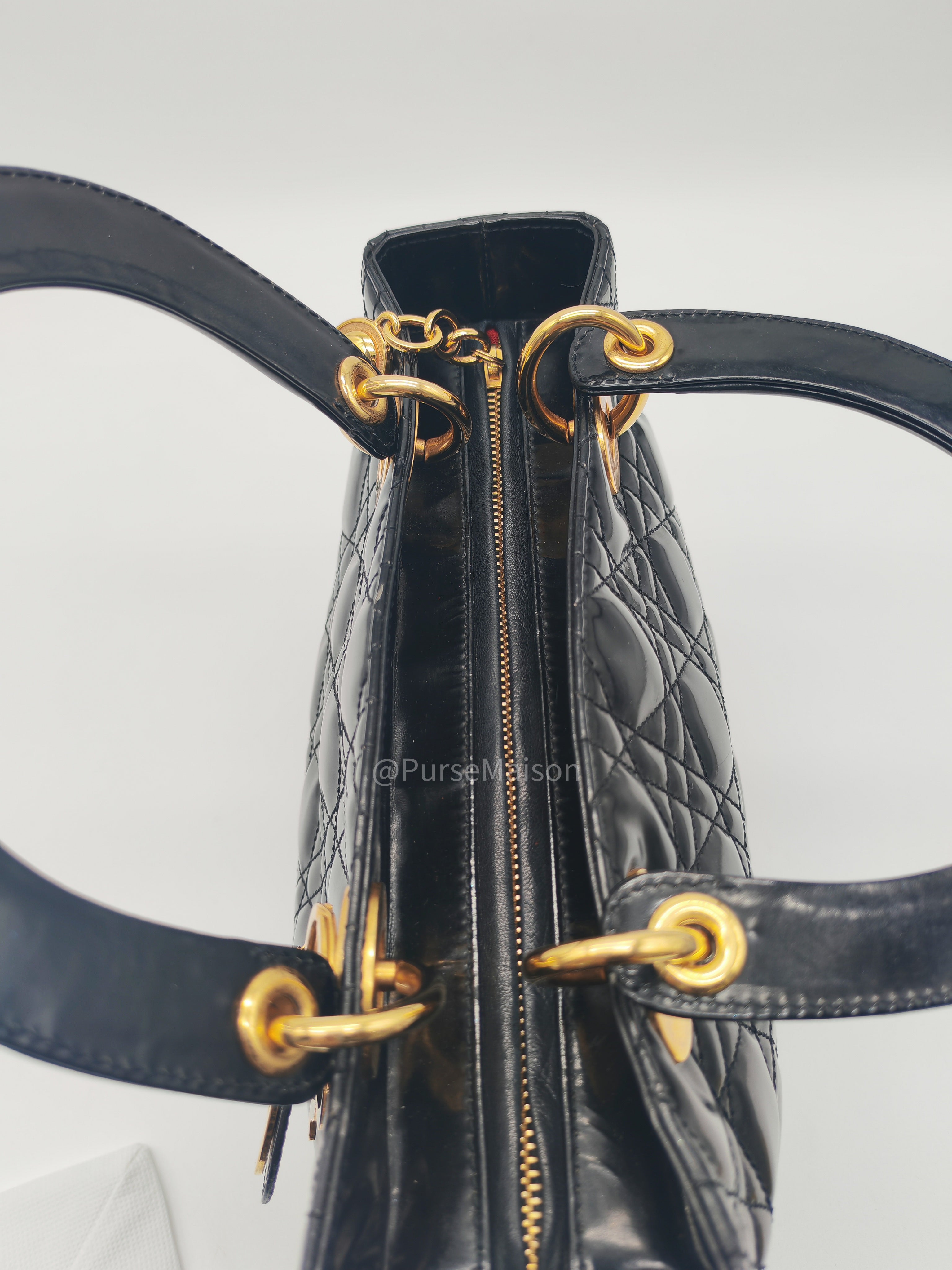 Christian Dior Lady Dior Handbag in Black Cannage Patent Leather GHW