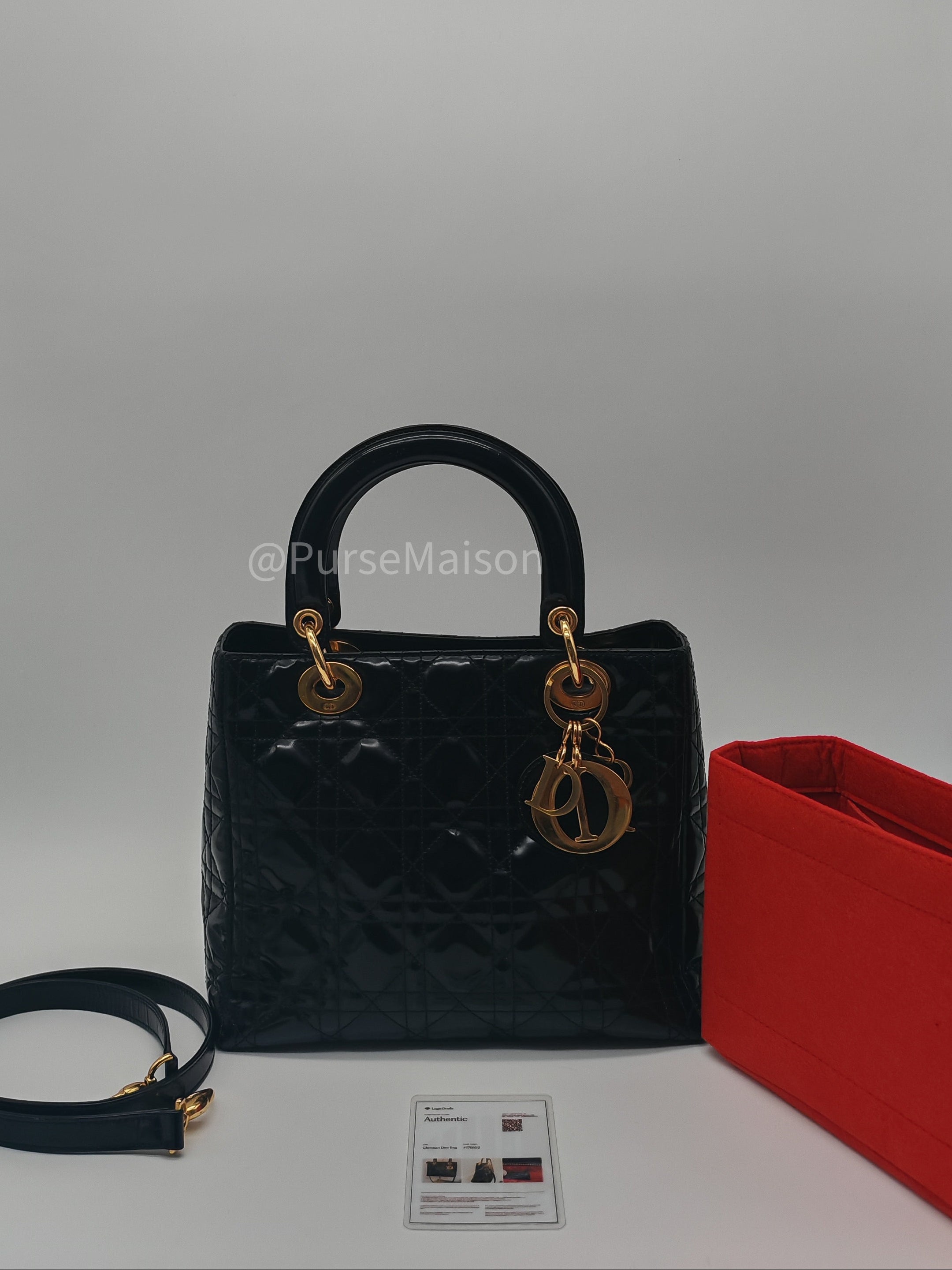 Christian Dior Lady Dior Handbag in Black Cannage Patent Leather GHW