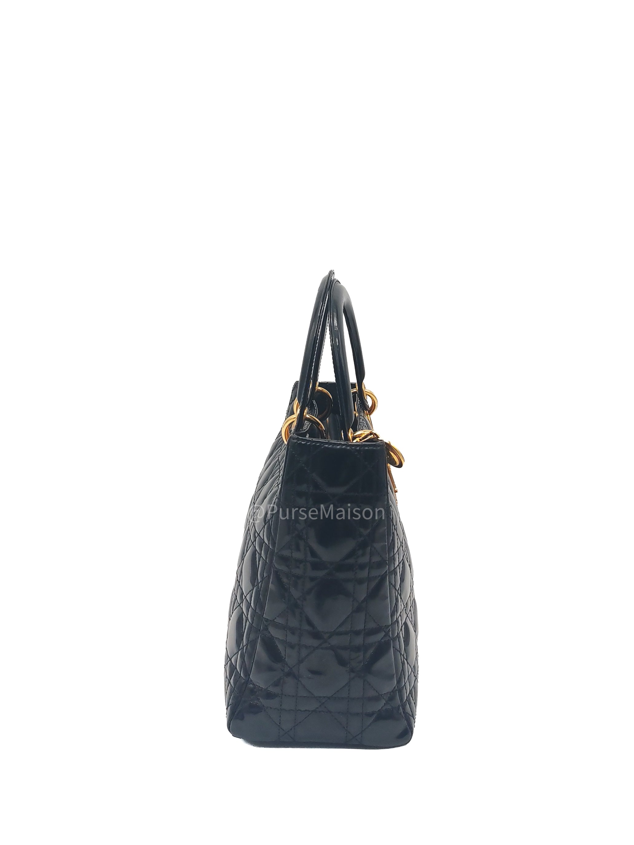 Christian Dior Lady Dior Handbag in Black Cannage Patent Leather GHW