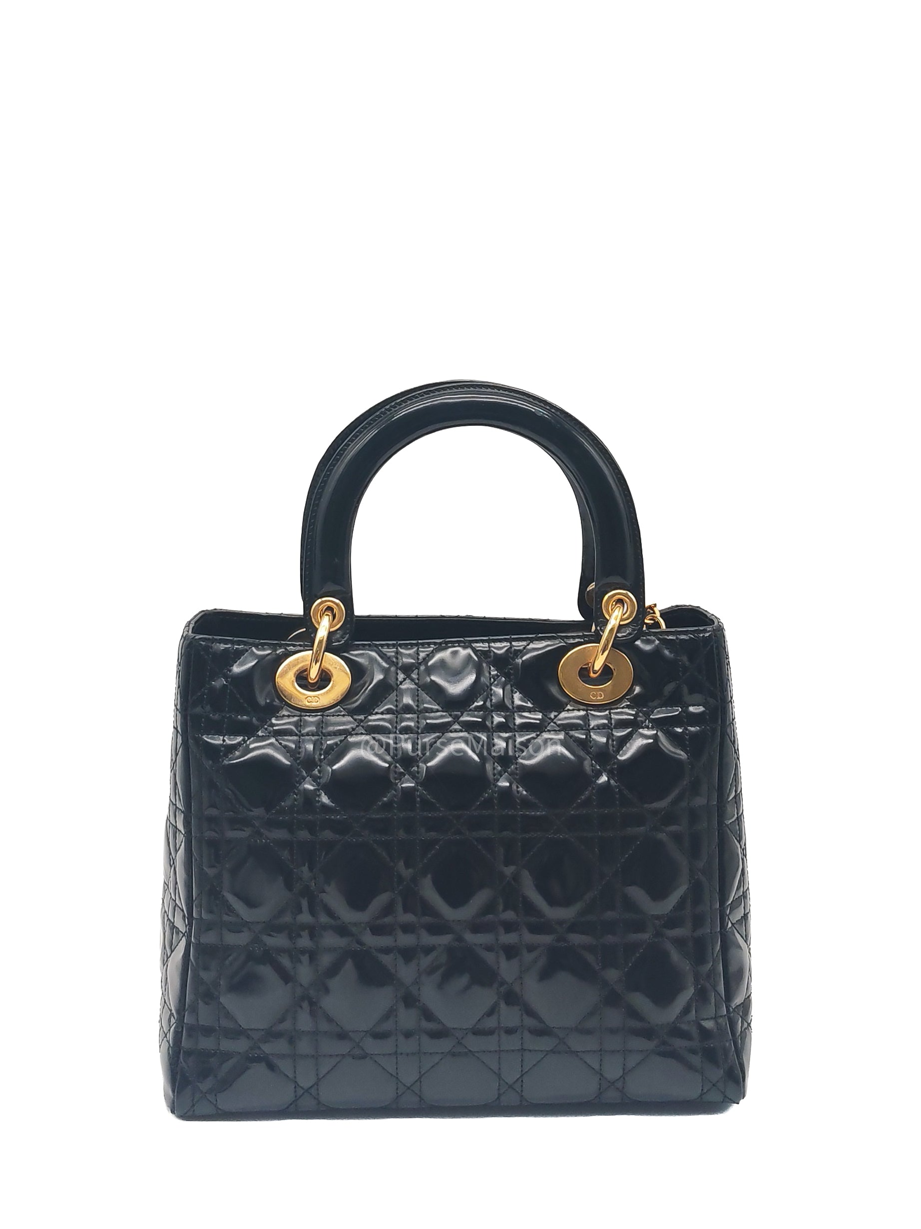 Christian Dior Lady Dior Handbag in Black Cannage Patent Leather GHW