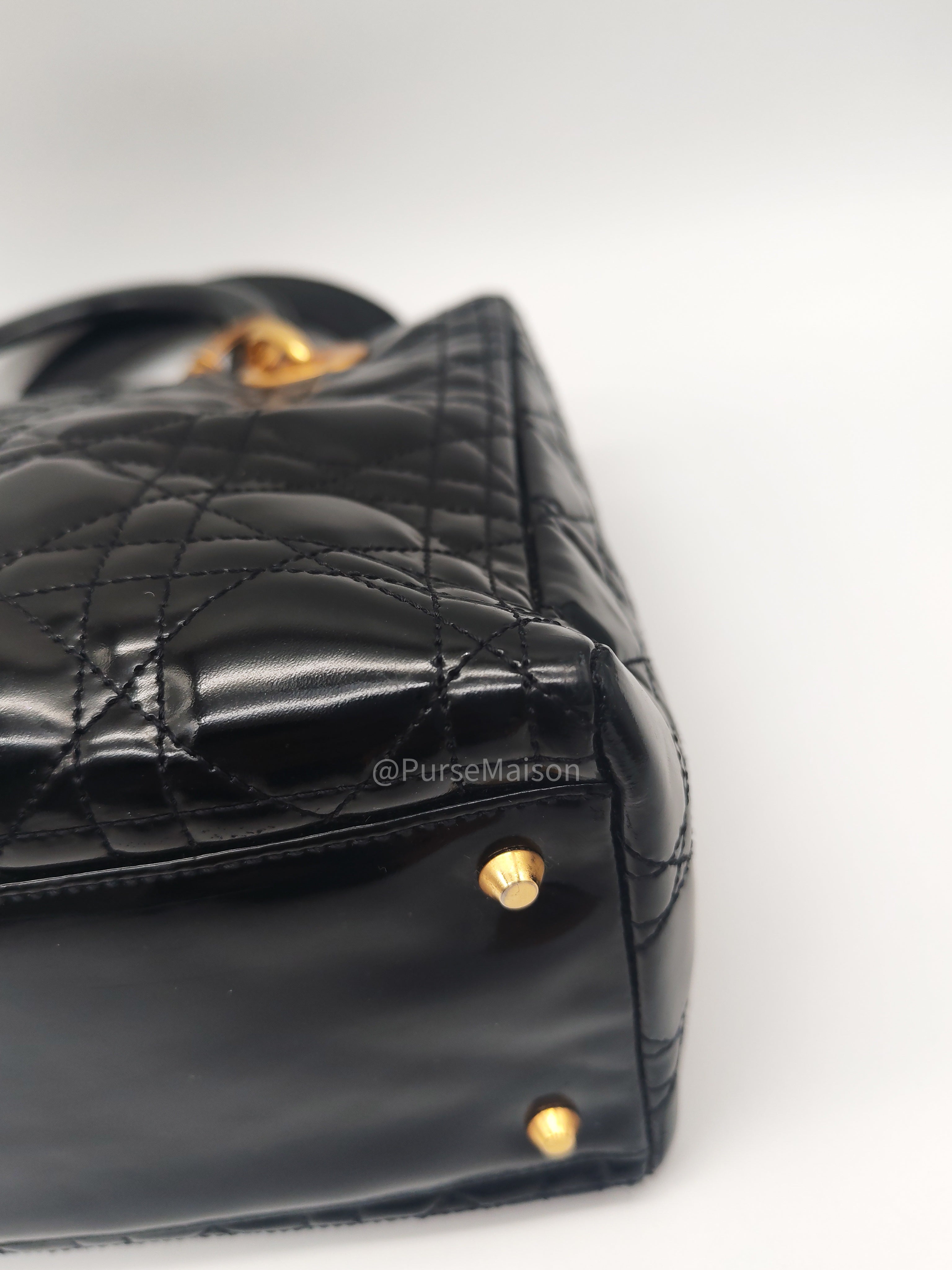 Christian Dior Lady Dior Handbag in Black Cannage Patent Leather GHW
