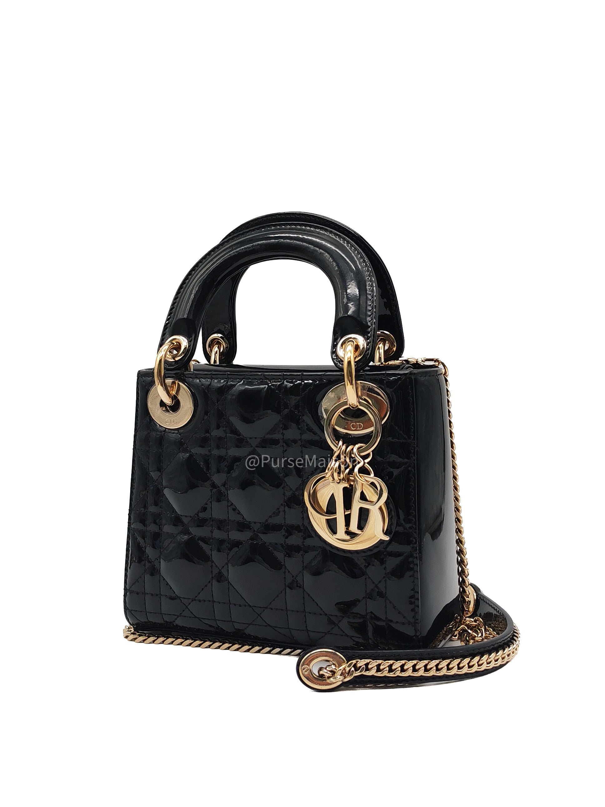 Christian Dior Lady Dior Mini Bag in Black Patent Leather Light Gold Hardware