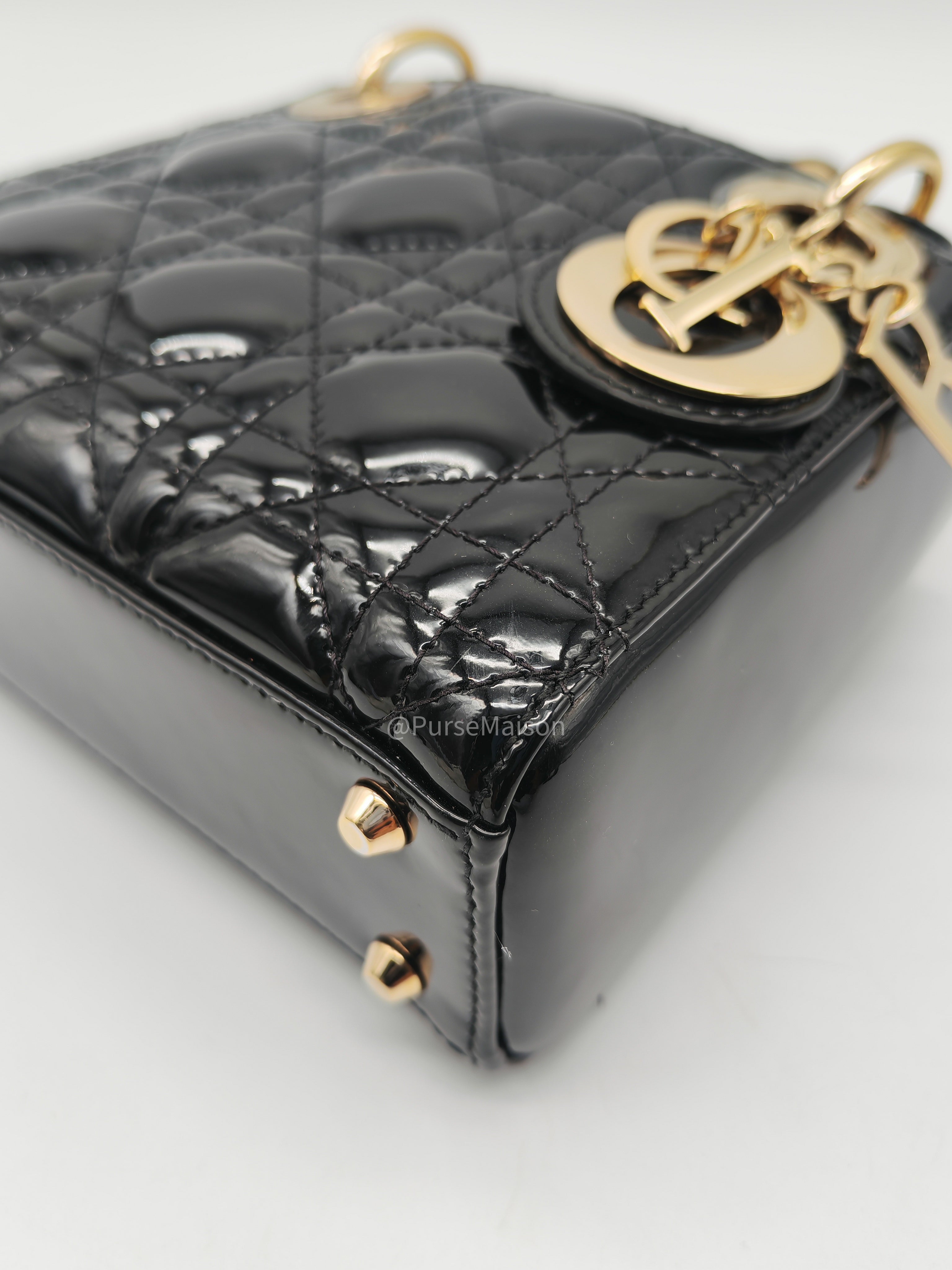 Christian Dior Lady Dior Mini Bag in Black Patent Leather Light Gold Hardware