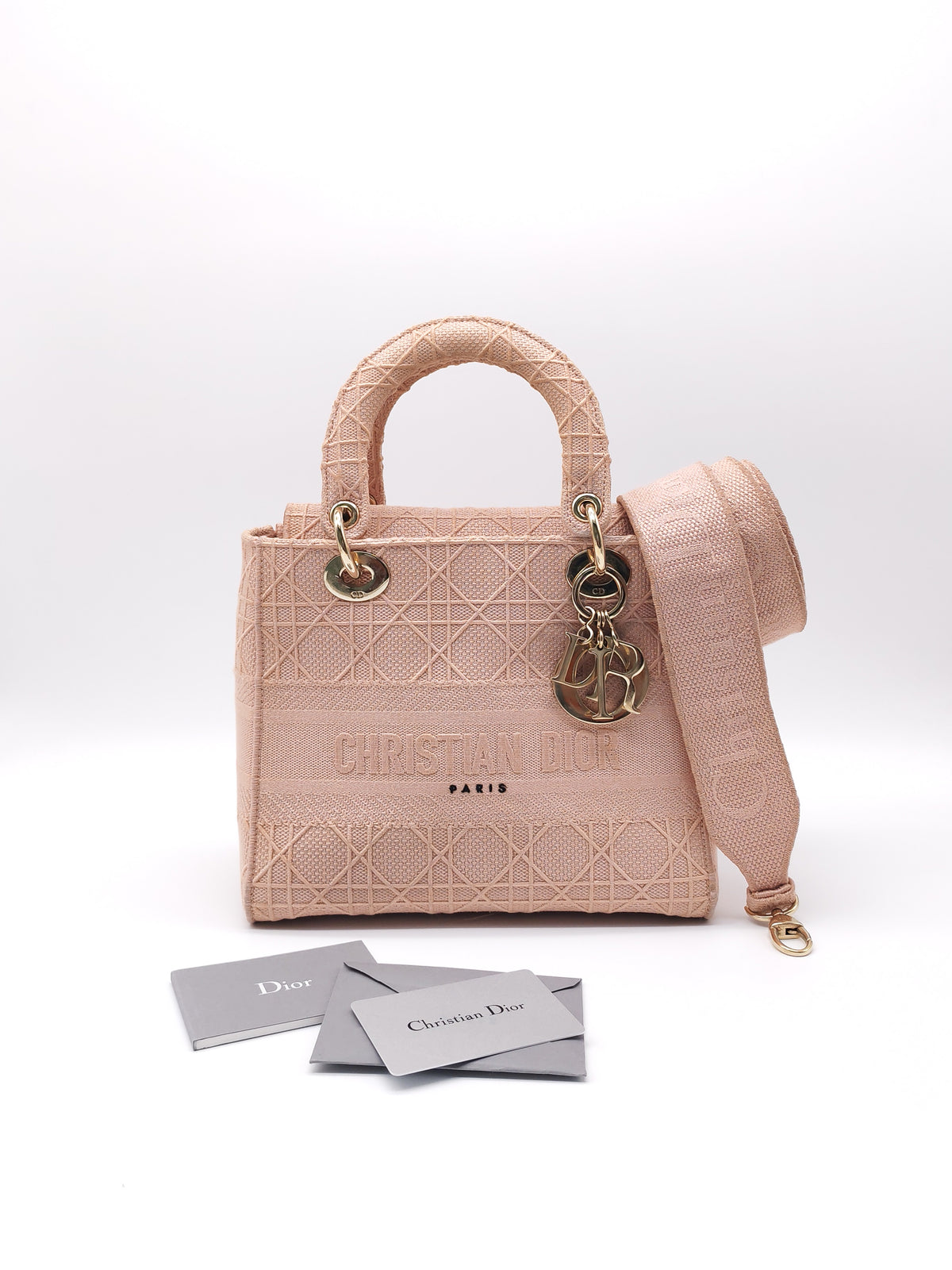 Christian Dior Lady D-Lite Medium Bag in Blush Rose Cannage Embroidery Canvas and Light Gold Hardware