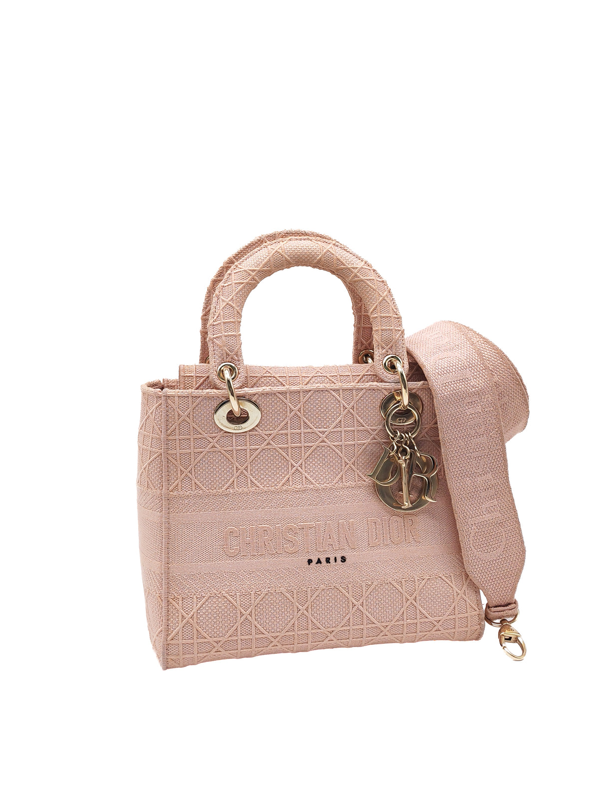 Christian Dior Lady D-Lite Medium Bag in Blush Rose Cannage Embroidery Canvas and Light Gold Hardware