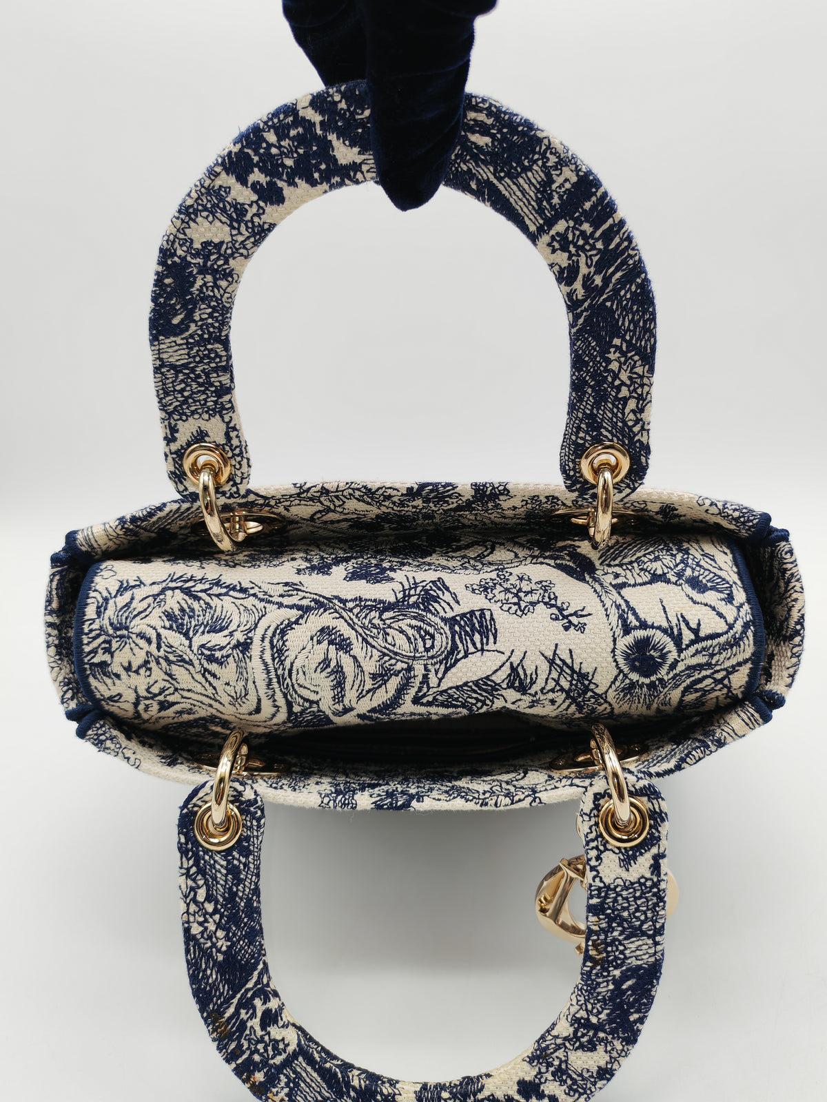 Christian Dior Lady D-Lite Medium in Toile De Jouy Embroidery Canvas and Light Gold Hardware