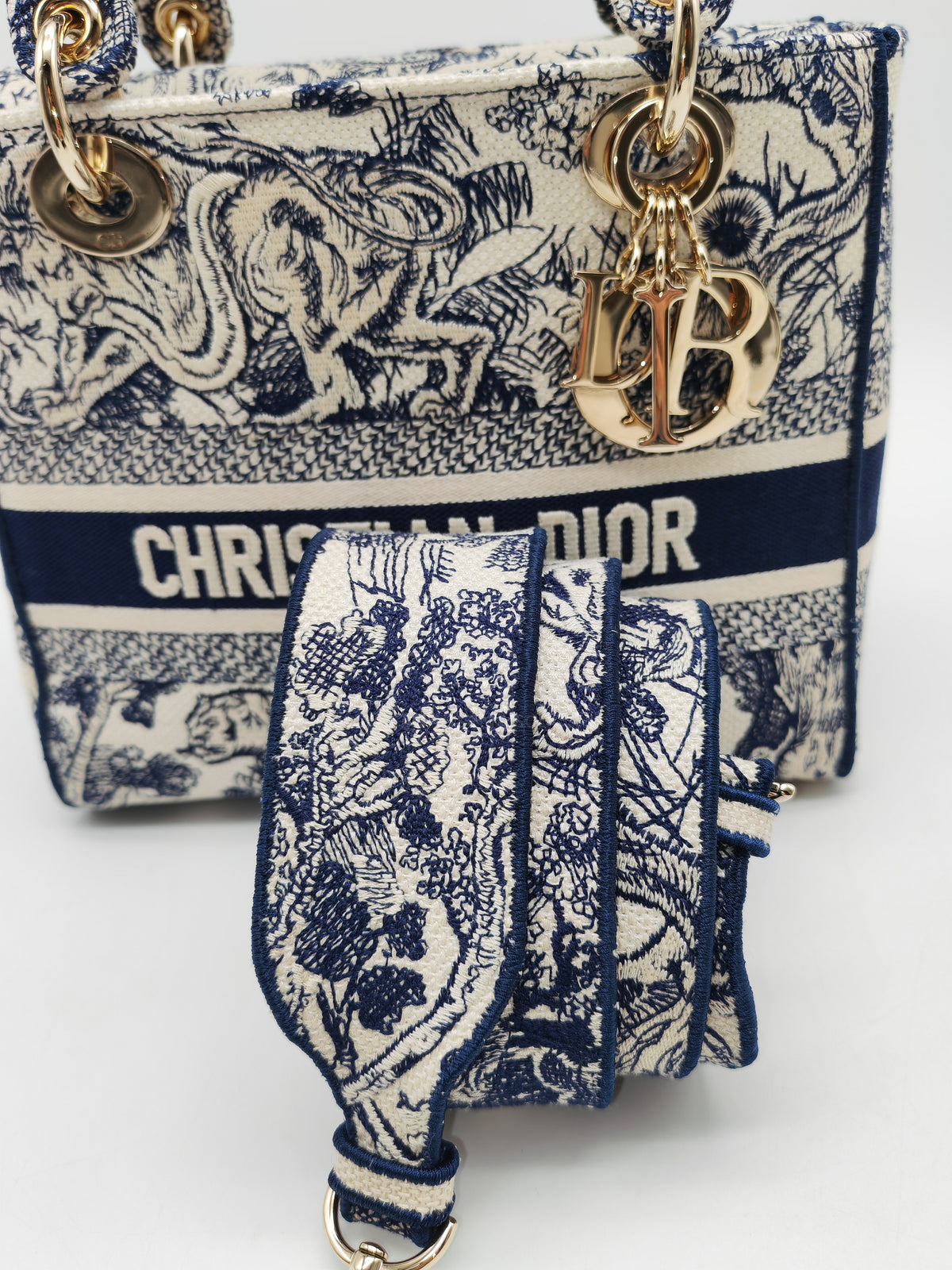 Christian Dior Lady D-Lite Medium in Toile De Jouy Embroidery Canvas and Light Gold Hardware