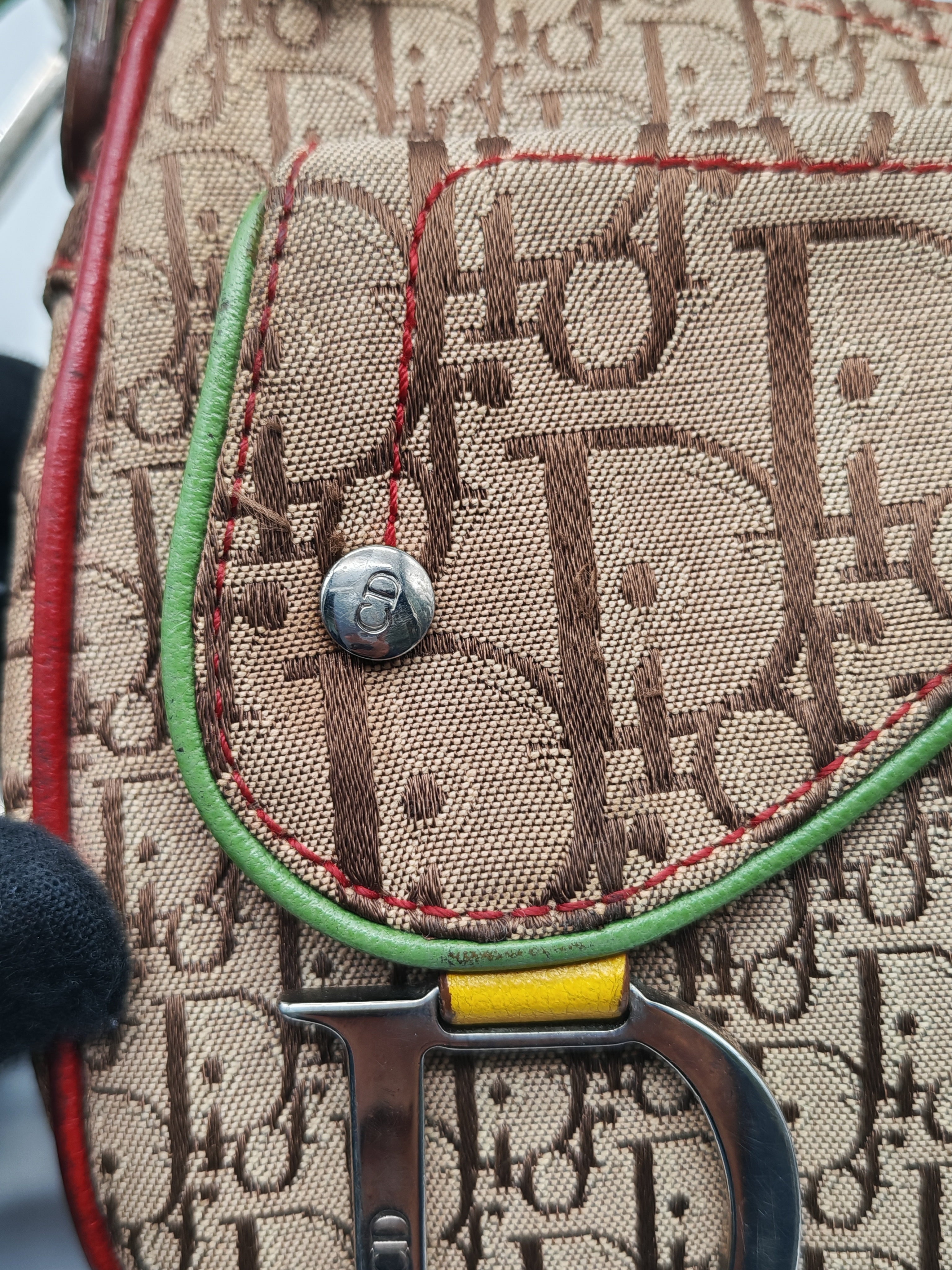 Christian Dior Rasta Trotter Double Saddle Bag in Beige Monogram Canvas with Yellow and Rasta-Colored Accents