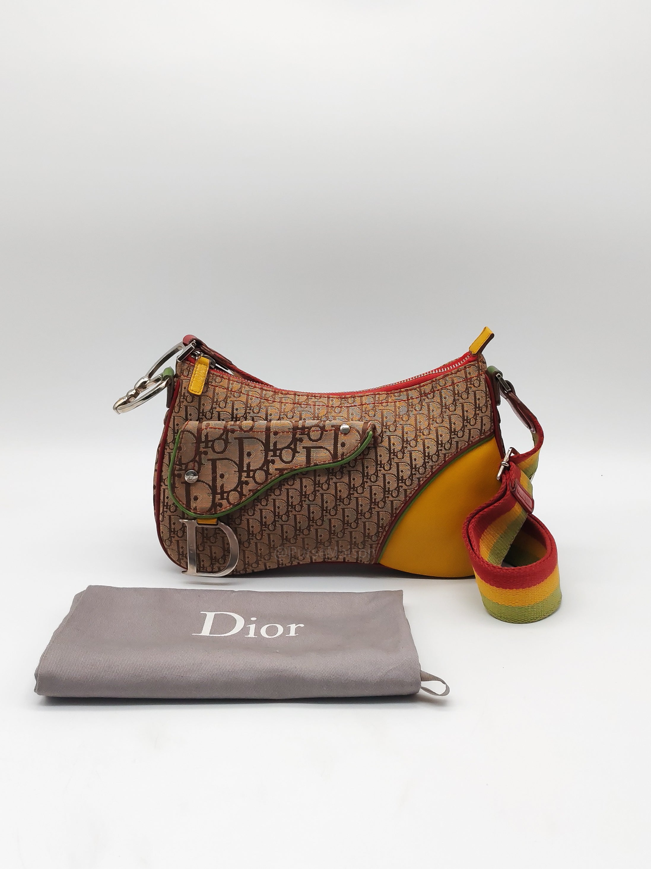 Christian Dior Rasta Trotter Double Saddle Bag in Beige Monogram Canvas with Yellow and Rasta-Colored Accents