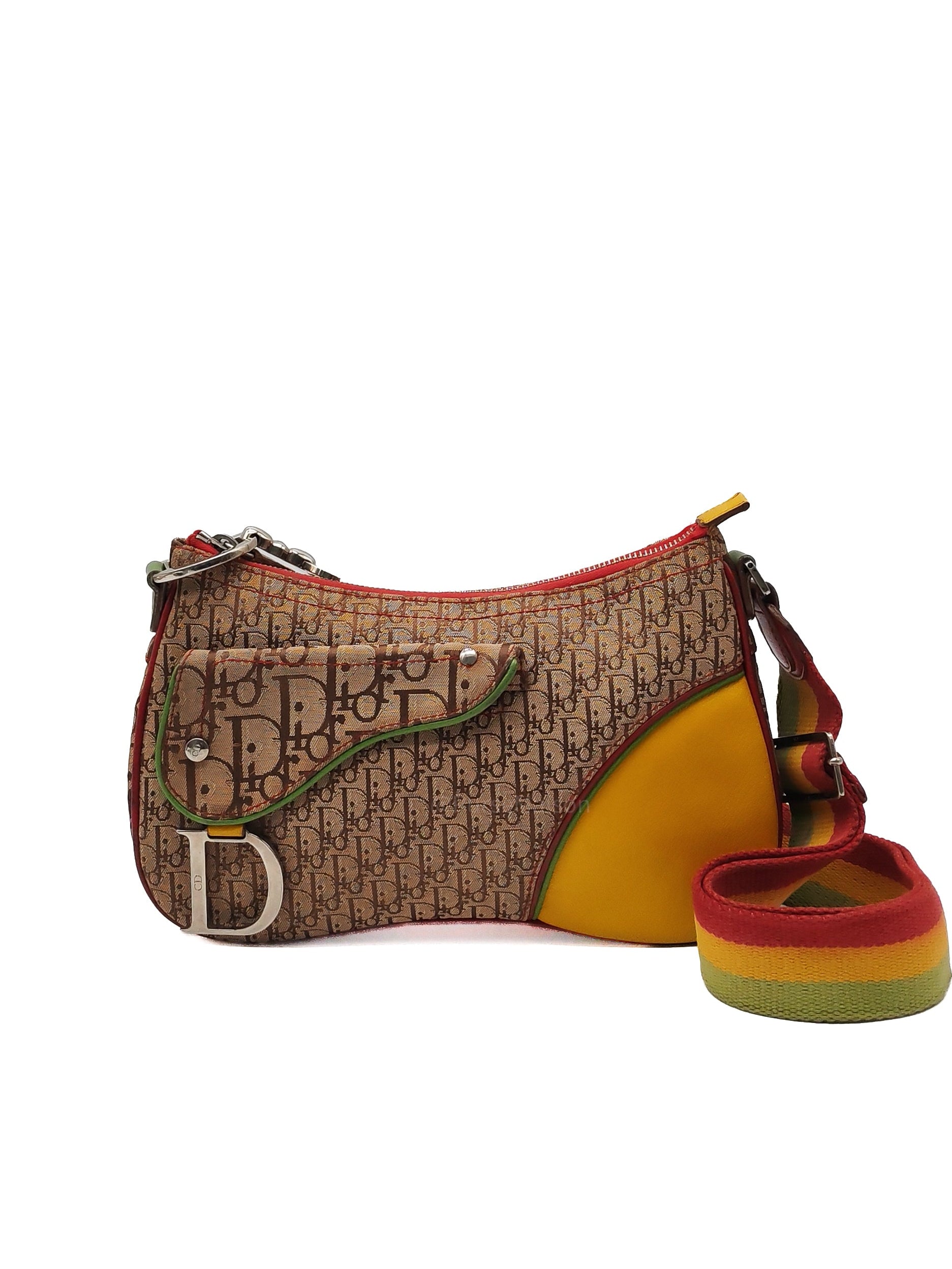 Christian Dior Rasta Trotter Double Saddle Bag in Beige Monogram Canvas with Yellow and Rasta-Colored Accents
