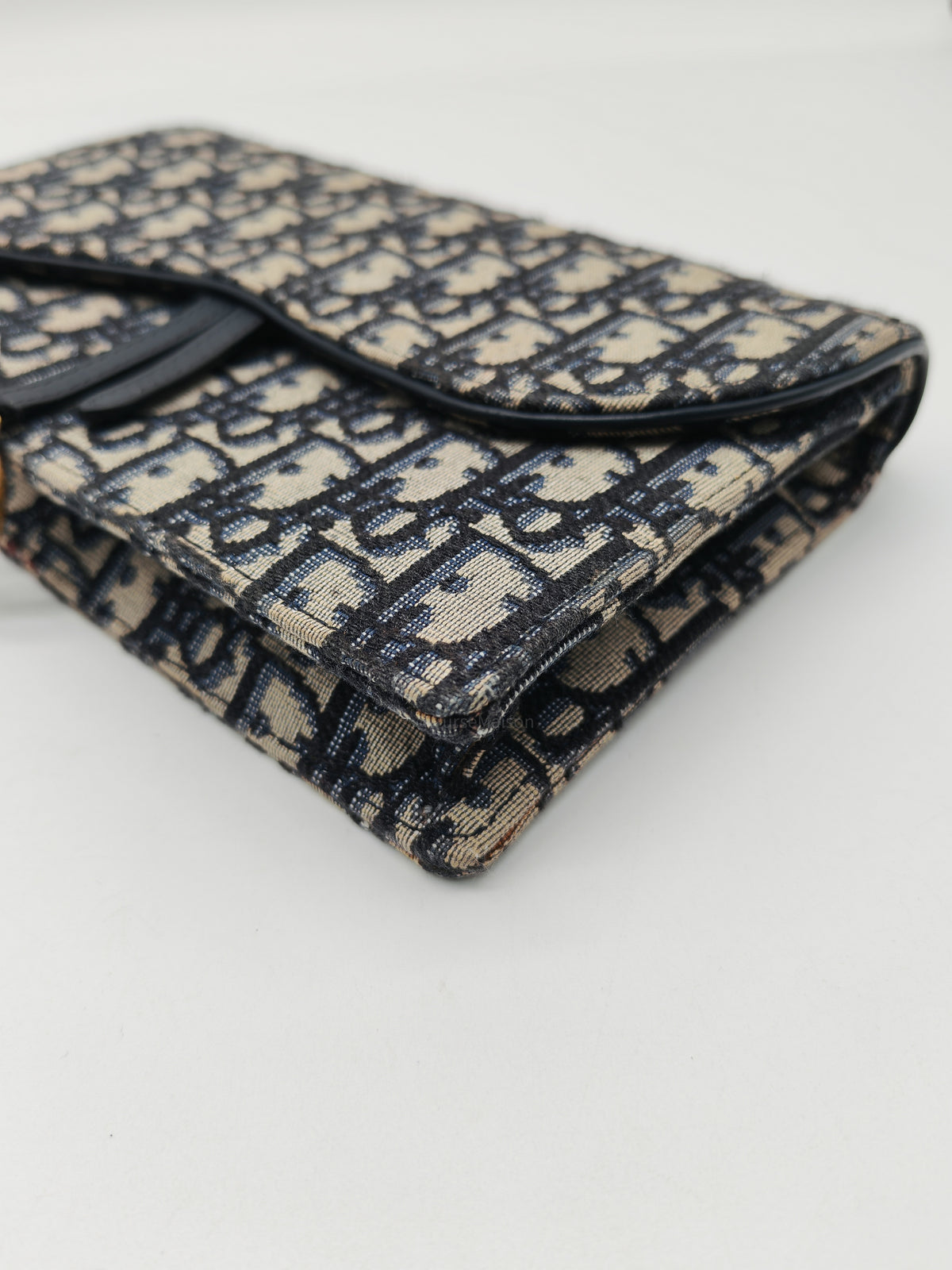 Christian Dior Saddle Pouch Wallet on Chain in Blue Oblique Jacquard Canvas and Gold Hardware
