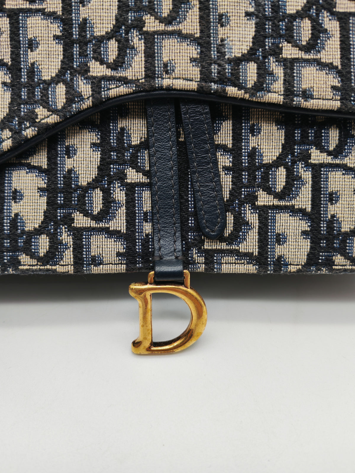 Christian Dior Saddle Pouch Wallet on Chain in Blue Oblique Jacquard Canvas and Gold Hardware