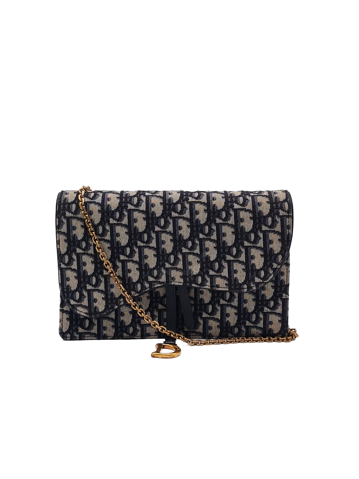 Christian Dior Saddle Pouch Wallet on Chain in Blue Oblique Jacquard Canvas and Gold Hardware