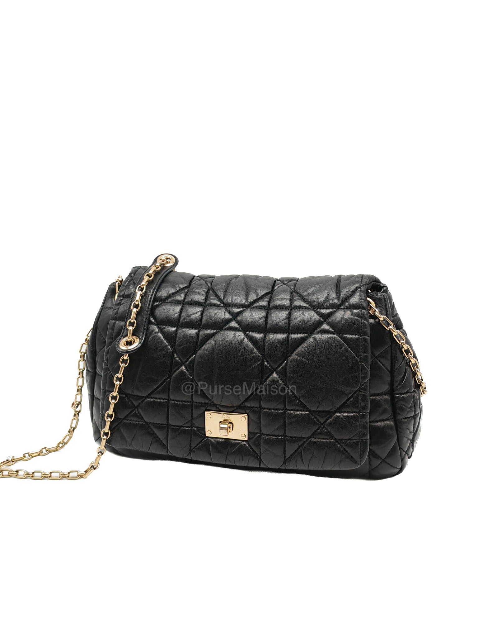 Christian Dior Milly La Foret Shoulder Bag in Black Quilted Cannage Lambskin Leather and Light Gold Hardware