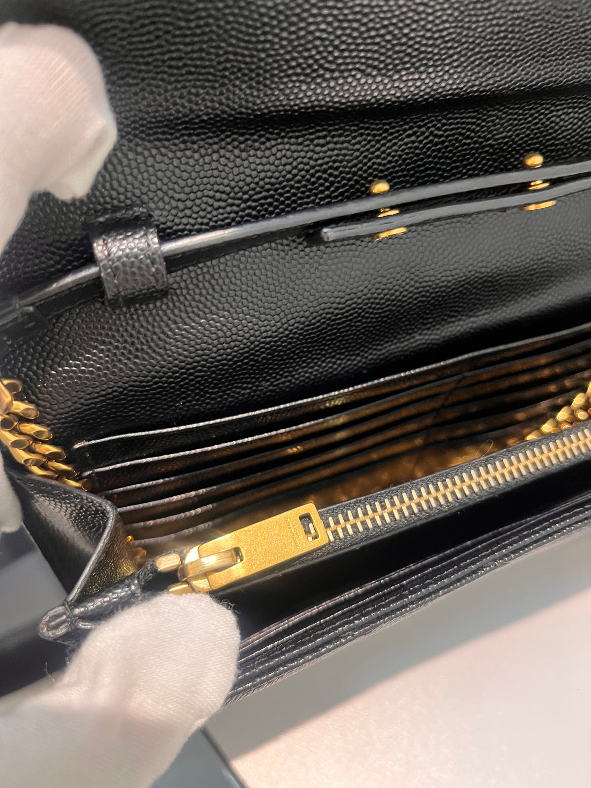 Yves Saint Laurent Cassandre Wallet on Chain in Black Chevron Quilted Grain De Poudre Calfskin Leather & Gold Hardware