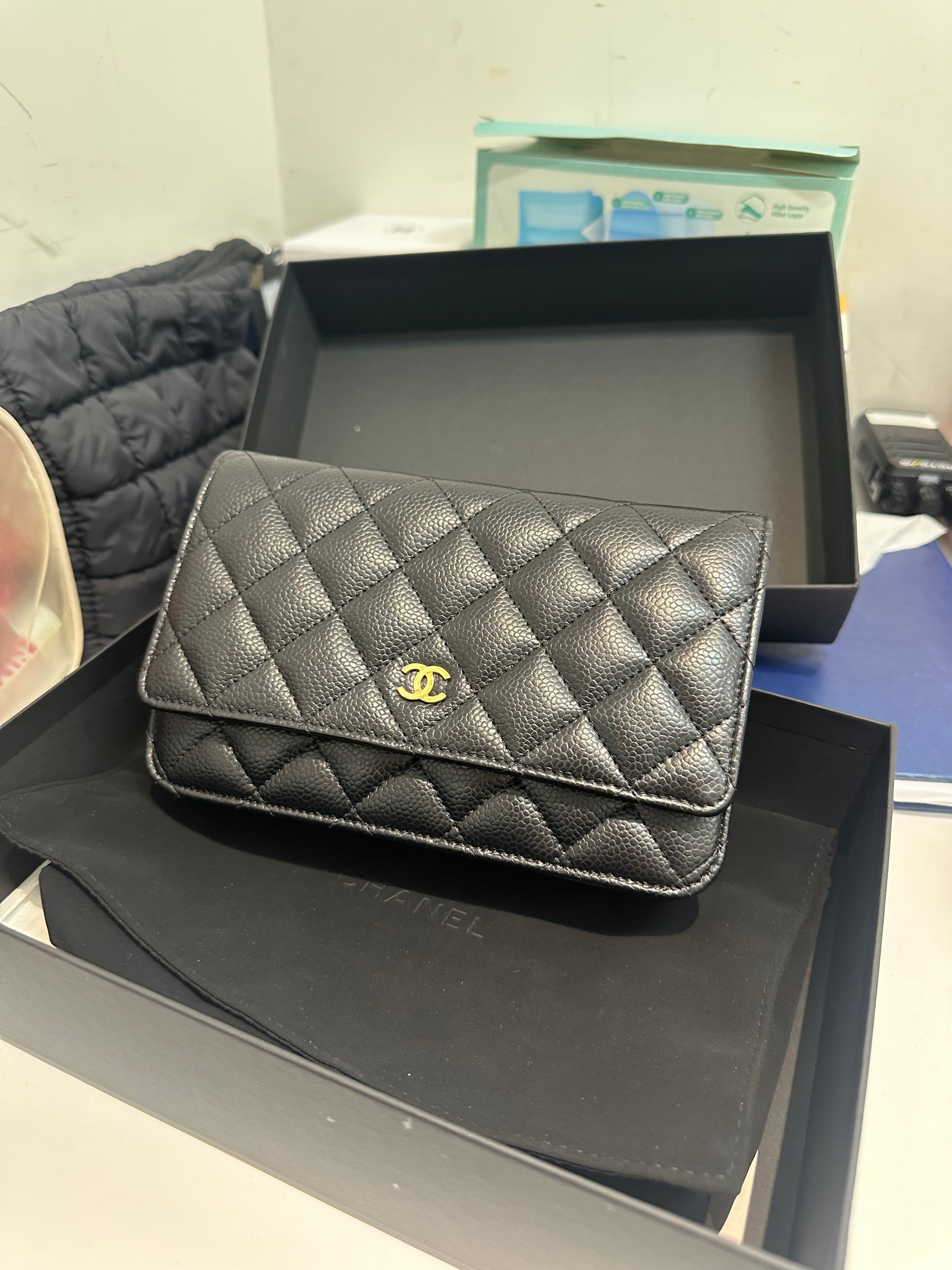 Chanel wallet on chain black caviar leather gold hardware (microchip)