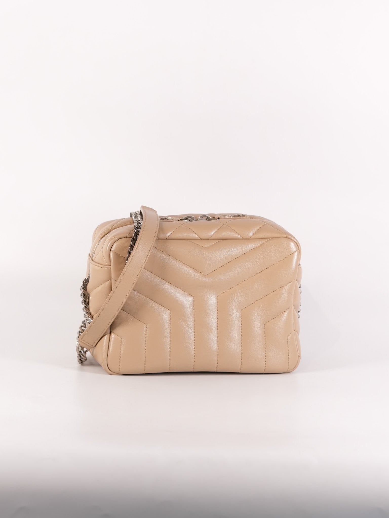 Loulou Bowling Bag in Beige Calfskin Leather & Silver Hardware