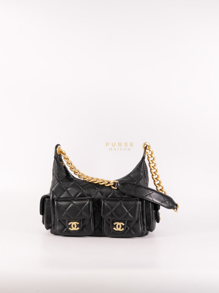 Trendy Pockets Hobo Bag in Black Shiny Lambskin Quilted Aged Gold Hardware (Microchip) | Purse Maison Luxury Bags Shop