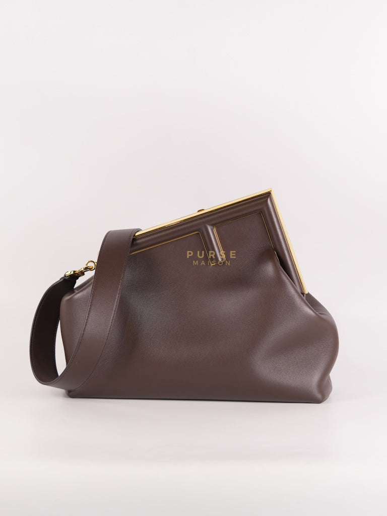 First Medium in Chocolate Shiny Calfskin Leather Two-Way Bag
