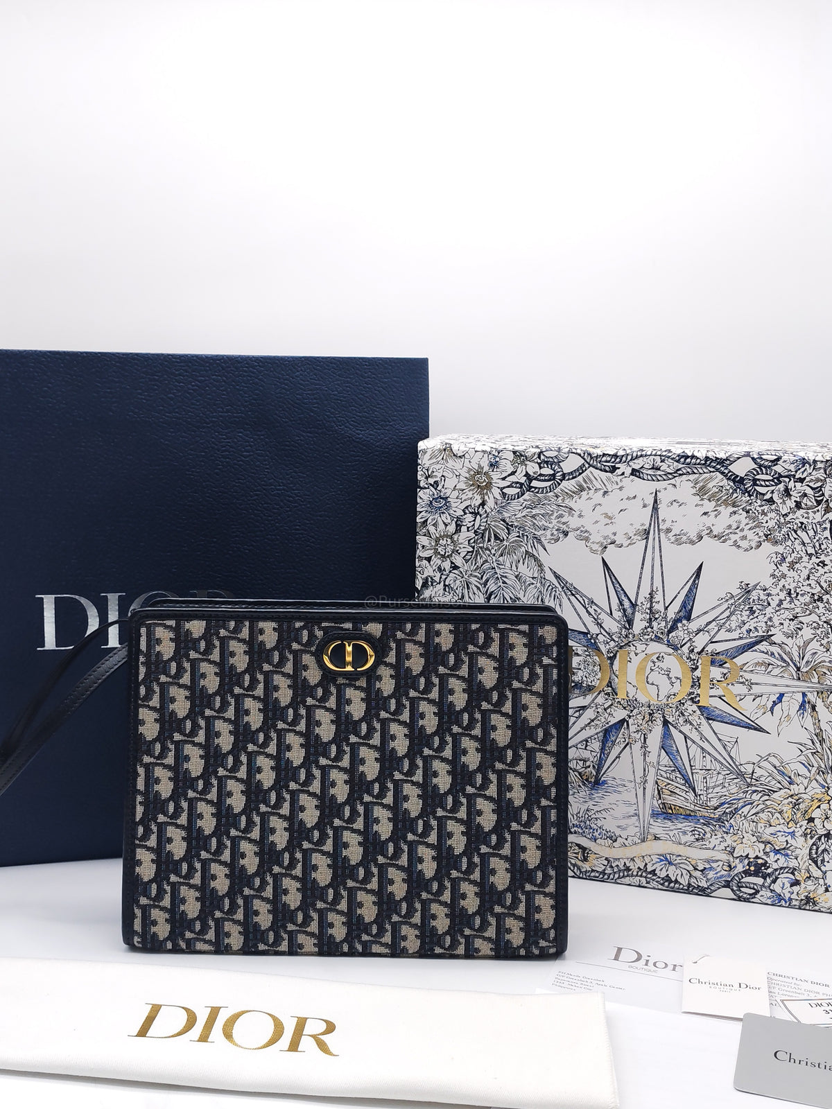 Christian Dior 30 Montaigne Dea Pouch in Blue Dior Oblique Jacquard Canvas and Gold Hardware