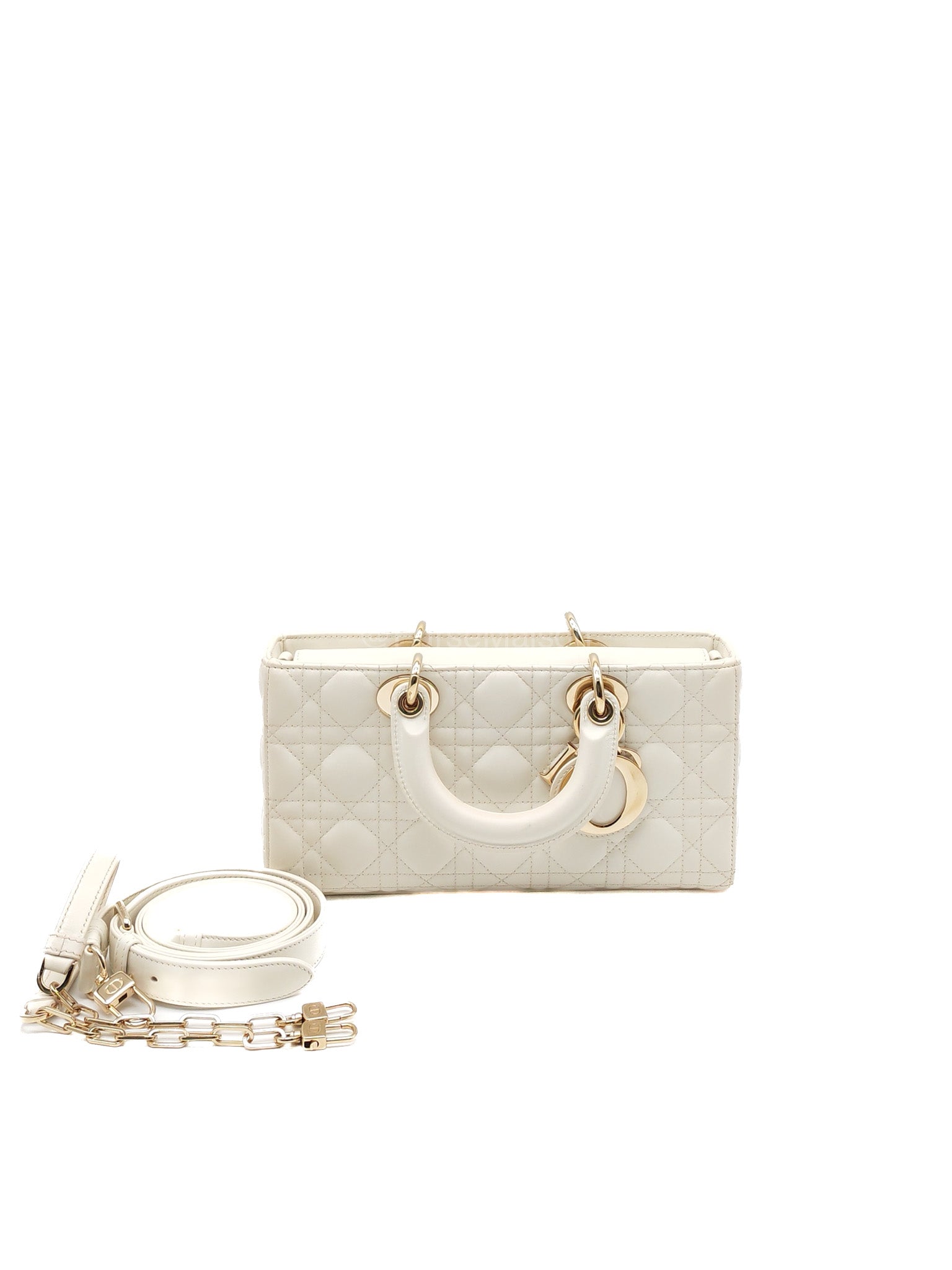 Christian Dior Lady D-Joy Medium in White Cannage Lambskin Leather Light Gold Hardware