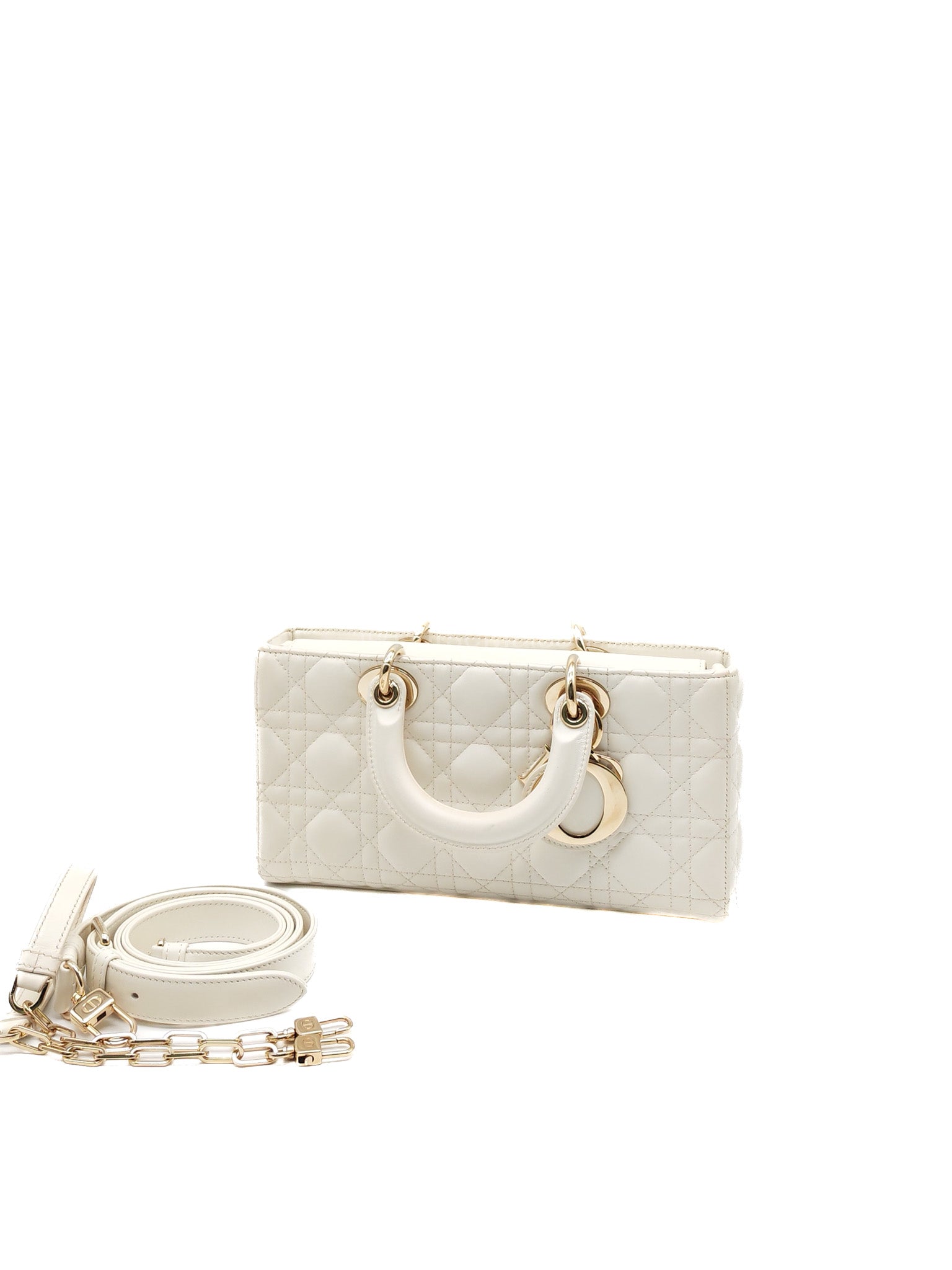 Christian Dior Lady D-Joy Medium in White Cannage Lambskin Leather Light Gold Hardware