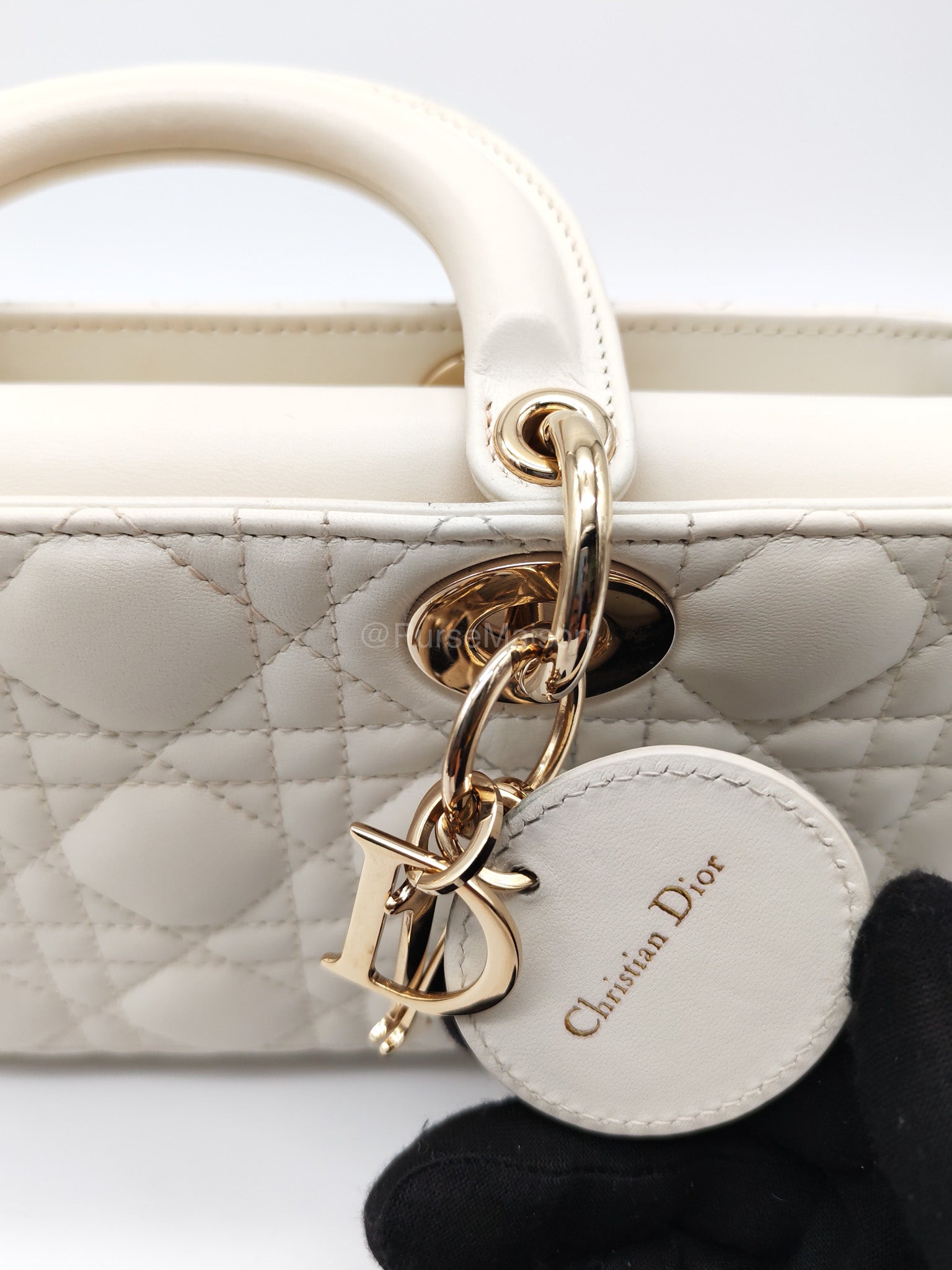 Christian Dior Lady D-Joy Medium in White Cannage Lambskin Leather Light Gold Hardware
