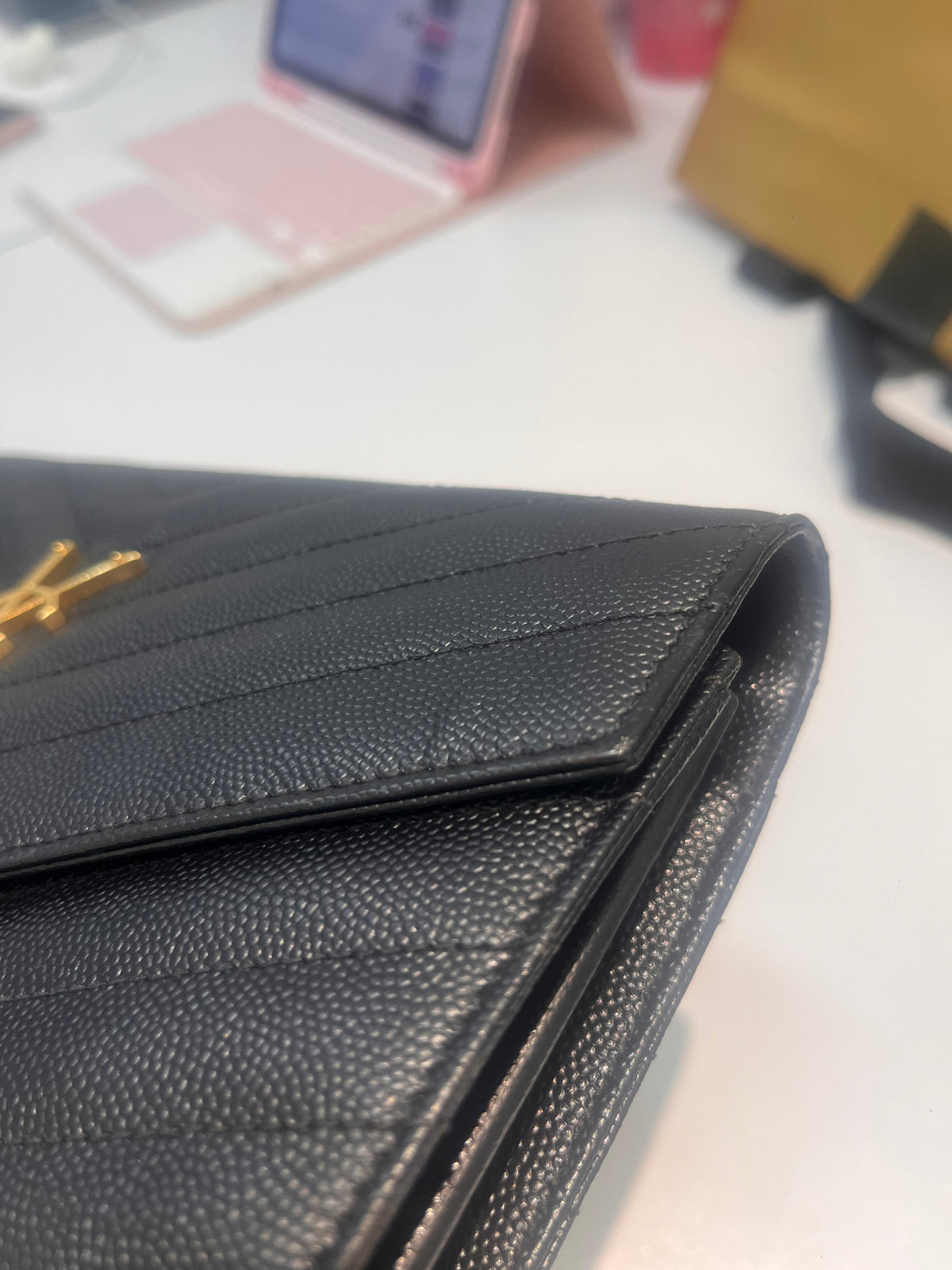 Yves Saint Laurent Cassandre Wallet on Chain in Black Chevron Quilted Grain De Poudre Calfskin Leather & Gold Hardware
