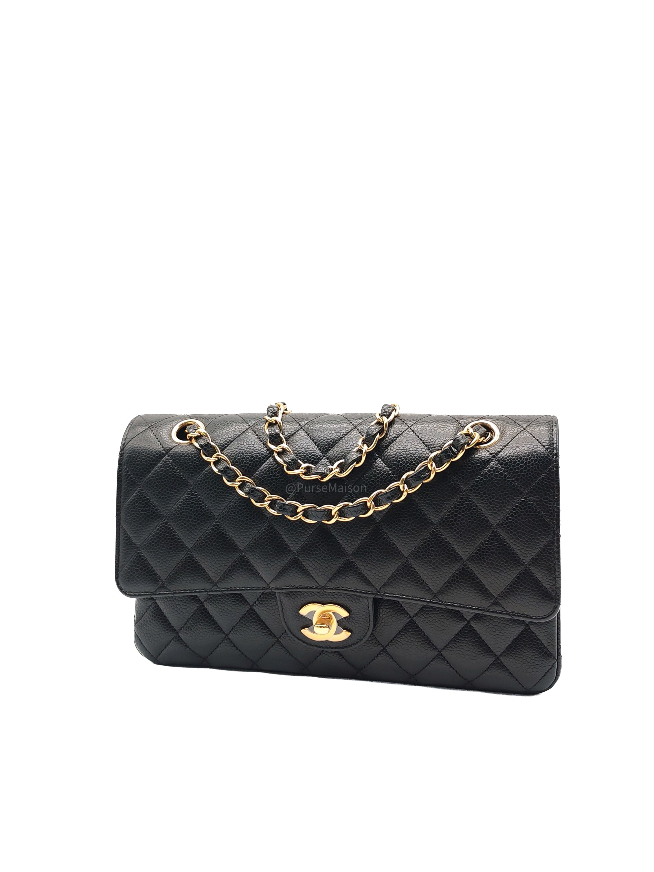 Chanel Classic Double Flap Bag Medium in Black Quilted Caviar Leather & Gold Hardware Microchip