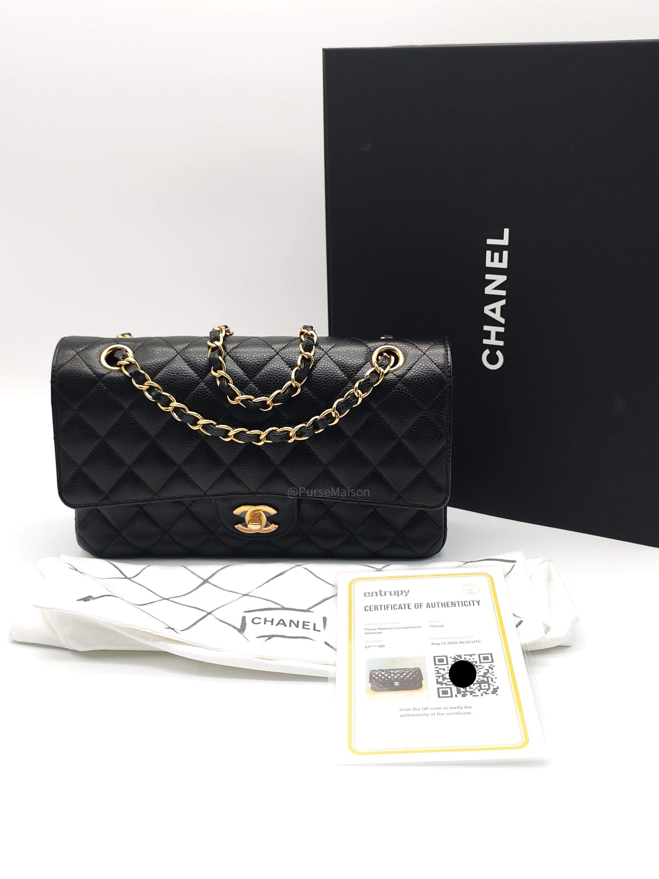 Chanel Classic Double Flap Bag Medium in Black Quilted Caviar Leather & Gold Hardware Microchip