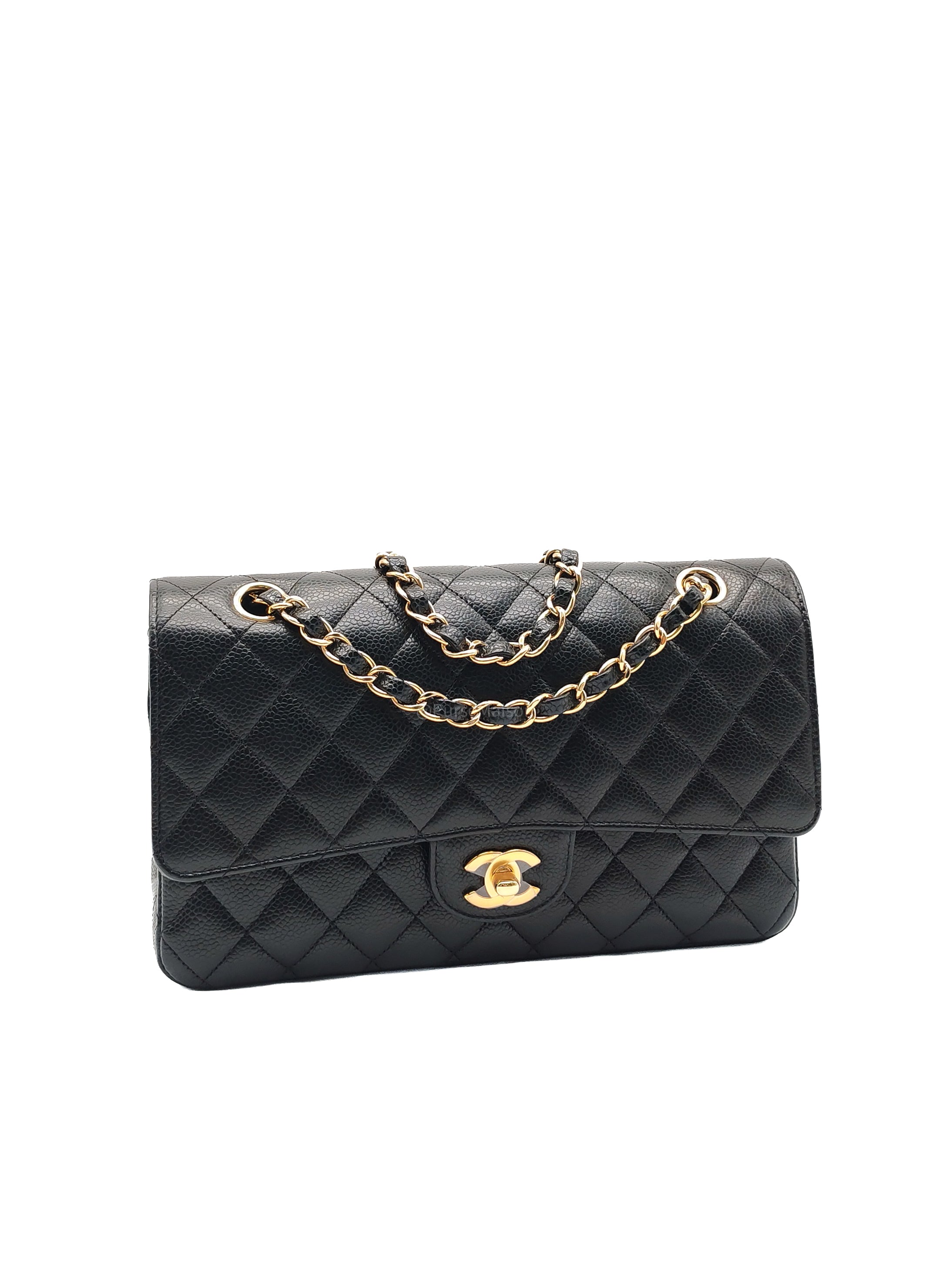 Chanel Classic Double Flap Bag Medium in Black Quilted Caviar Leather & Gold Hardware Microchip