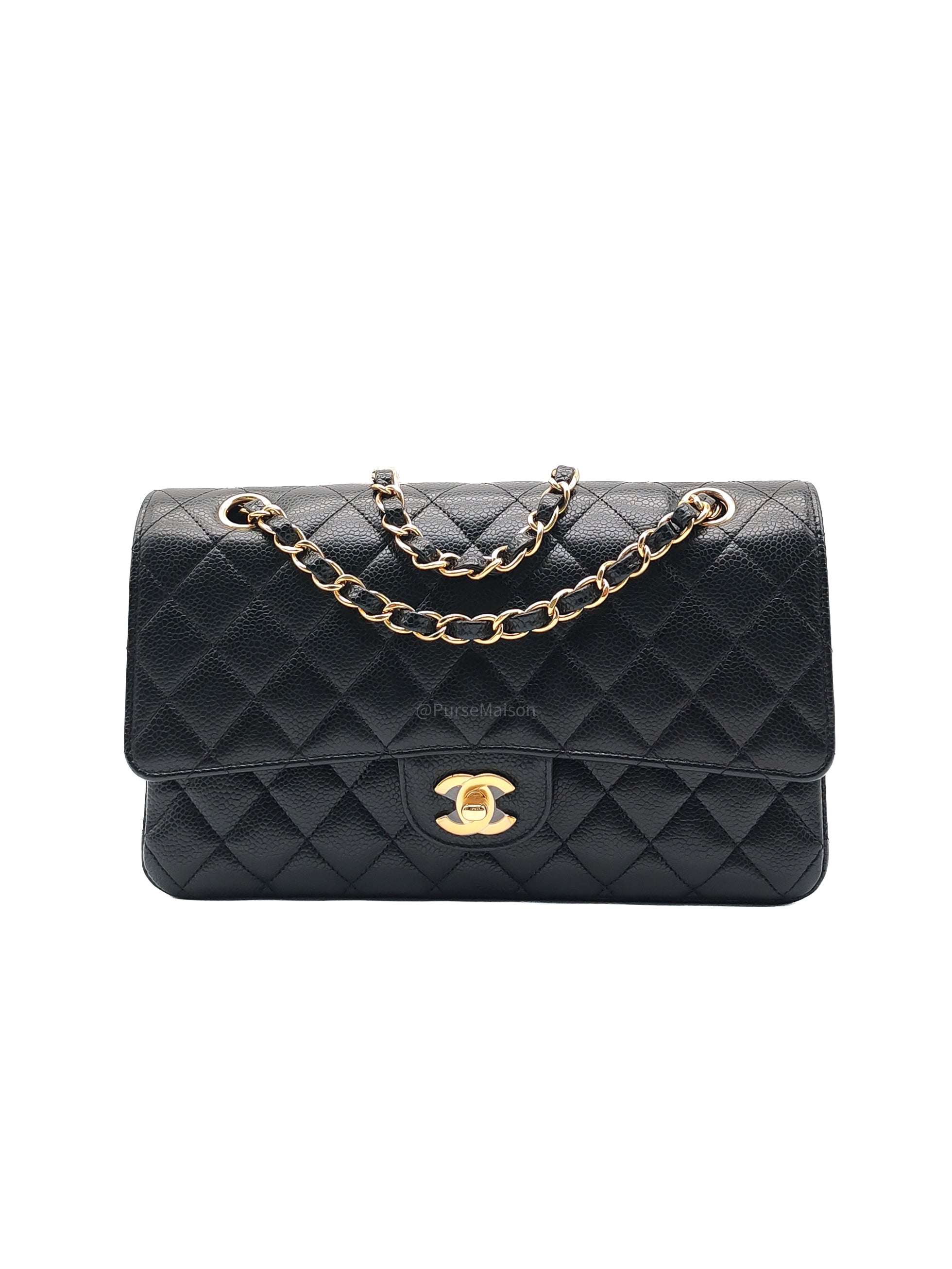 Chanel Classic Double Flap Bag Medium in Black Quilted Caviar Leather & Gold Hardware Microchip