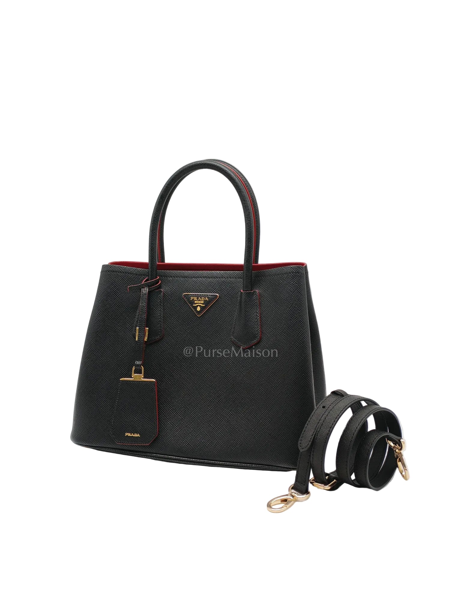 Prada Double Bag in Black Saffiano Cuir Leather and Gold Hardware | Purse Maison Luxury Bags Shop