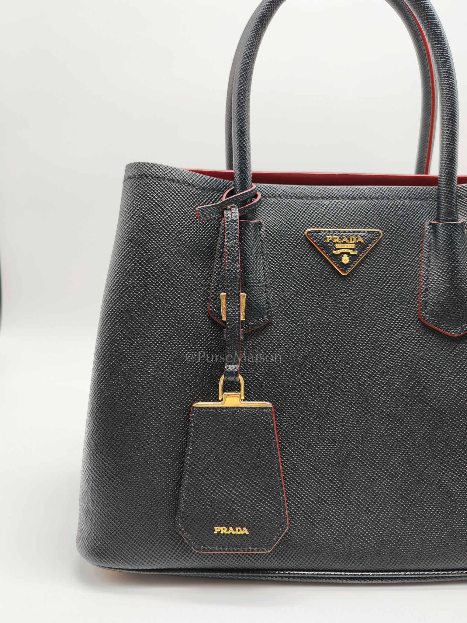 Prada Double Bag in Black Saffiano Cuir Leather and Gold Hardware | Purse Maison Luxury Bags Shop