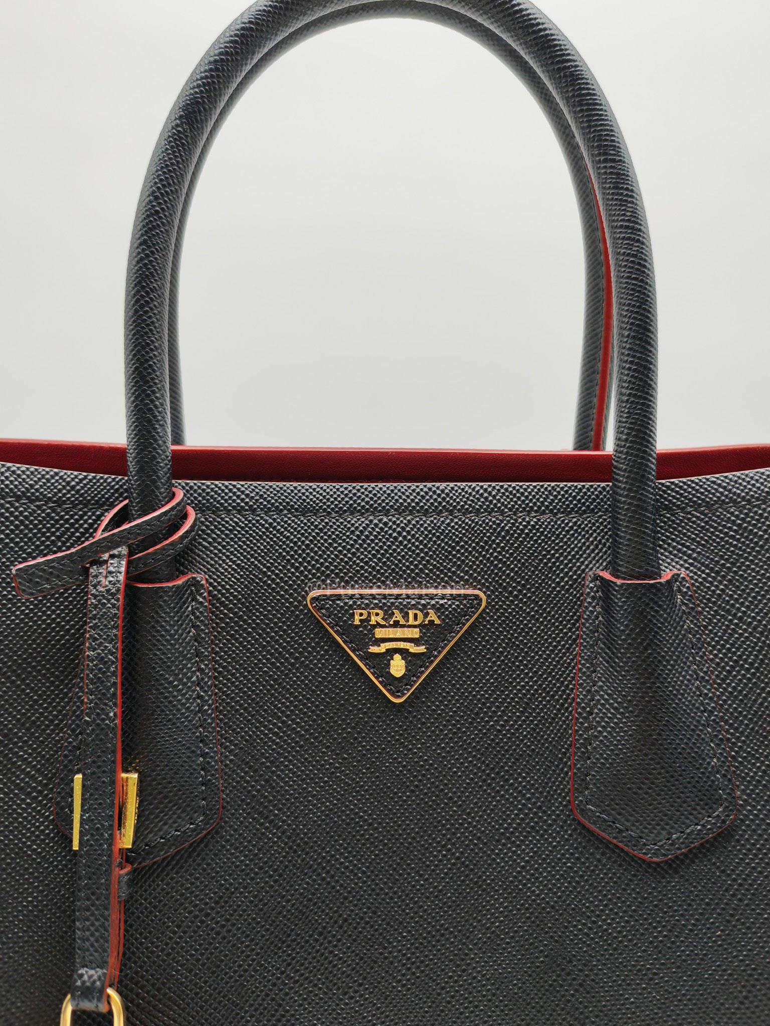 Prada Double Bag in Black Saffiano Cuir Leather and Gold Hardware | Purse Maison Luxury Bags Shop