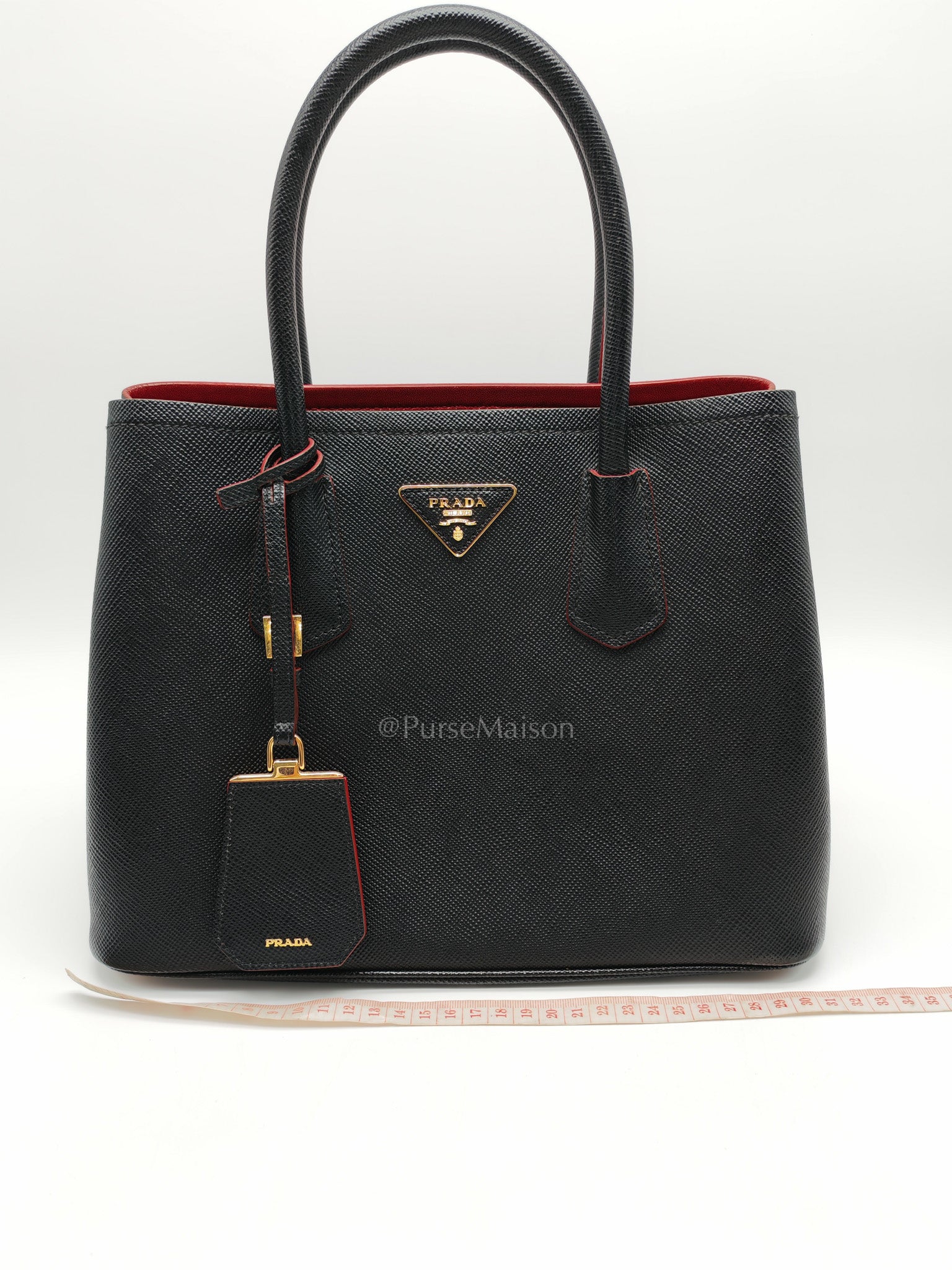 Prada Double Bag in Black Saffiano Cuir Leather and Gold Hardware | Purse Maison Luxury Bags Shop