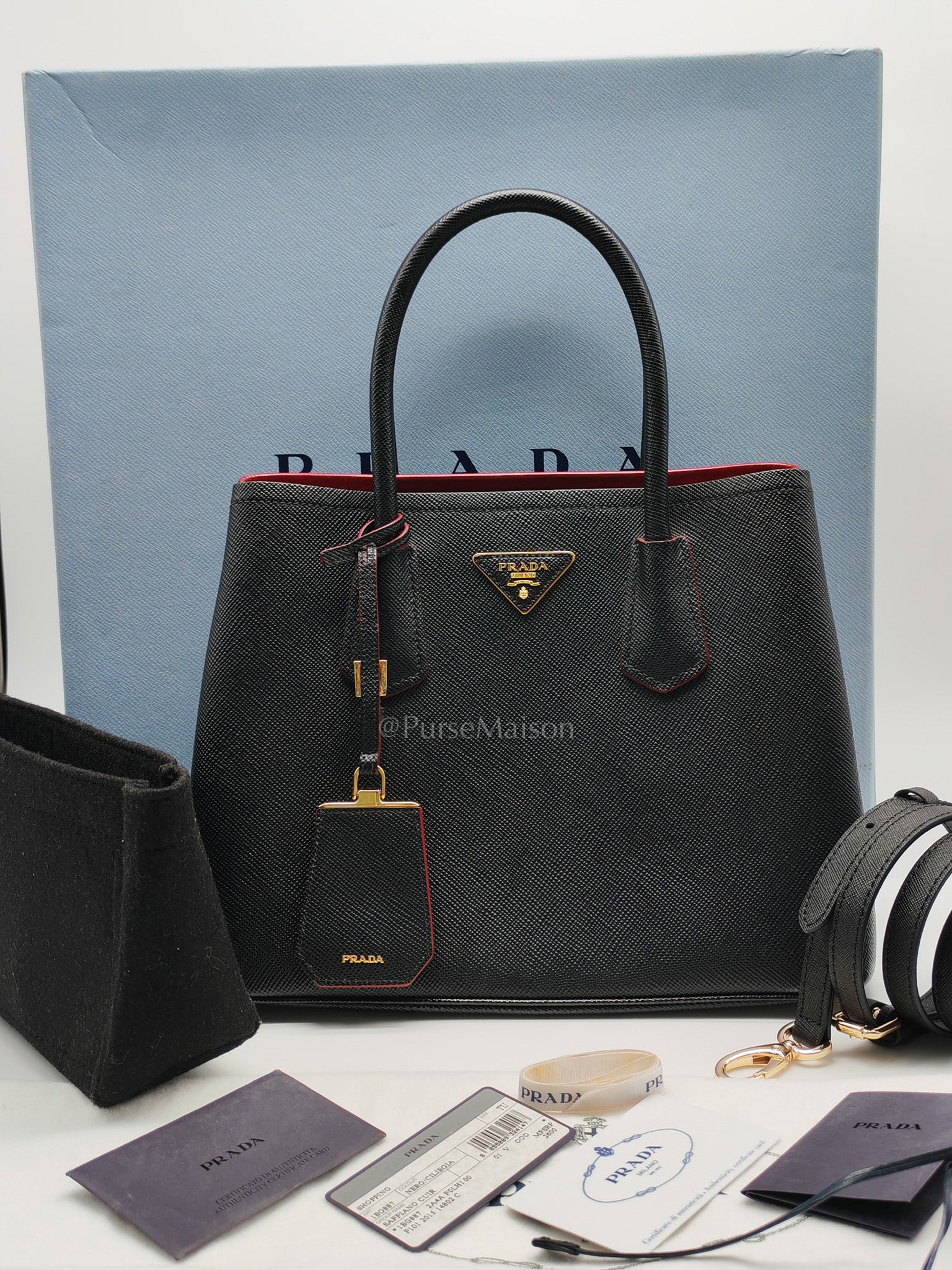 Prada Double Bag in Black Saffiano Cuir Leather and Gold Hardware | Purse Maison Luxury Bags Shop