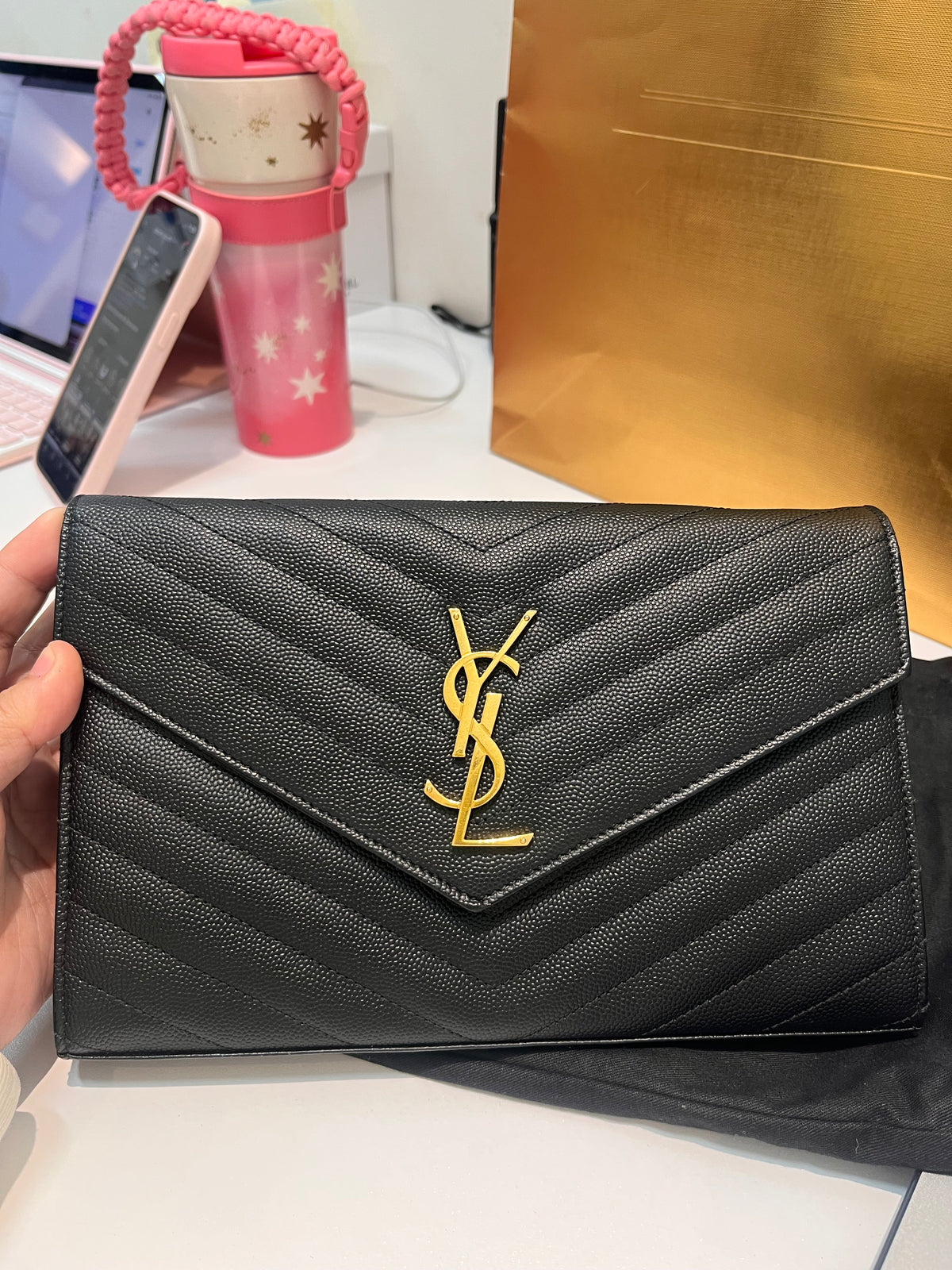 Yves Saint Laurent Cassandre Wallet on Chain in Black Chevron Quilted Grain De Poudre Calfskin Leather & Gold Hardware