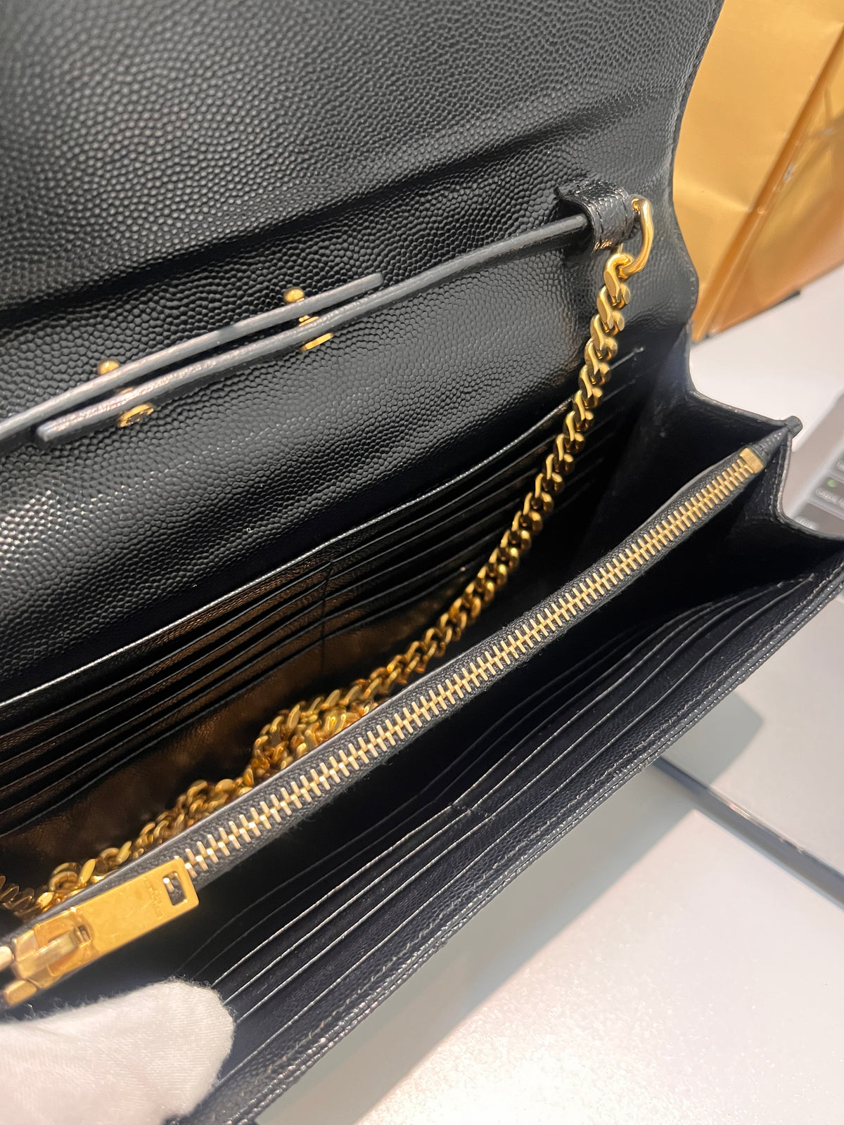 Yves Saint Laurent Cassandre Wallet on Chain in Black Chevron Quilted Grain De Poudre Calfskin Leather & Gold Hardware