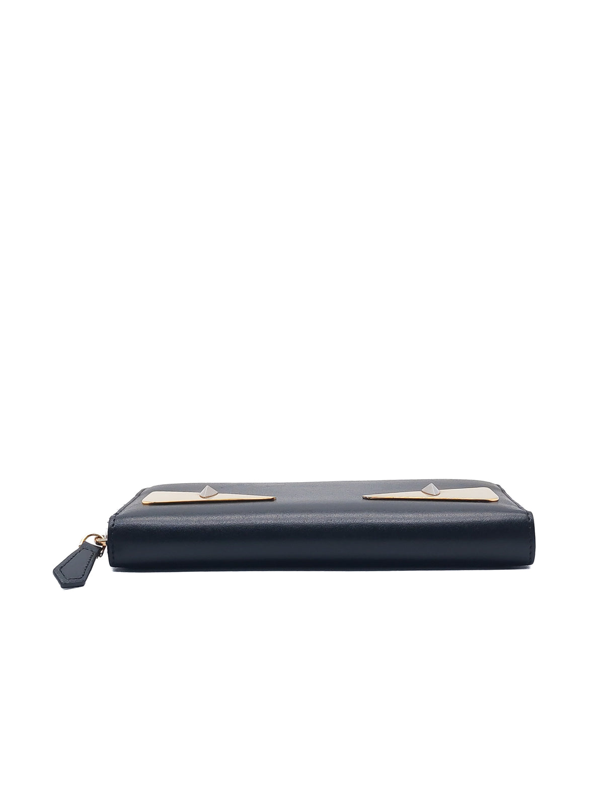 Fendi Bag Bugs Monster Eyes Zip-Around Wallet in Black Calfskin Leather and Gold Hardware