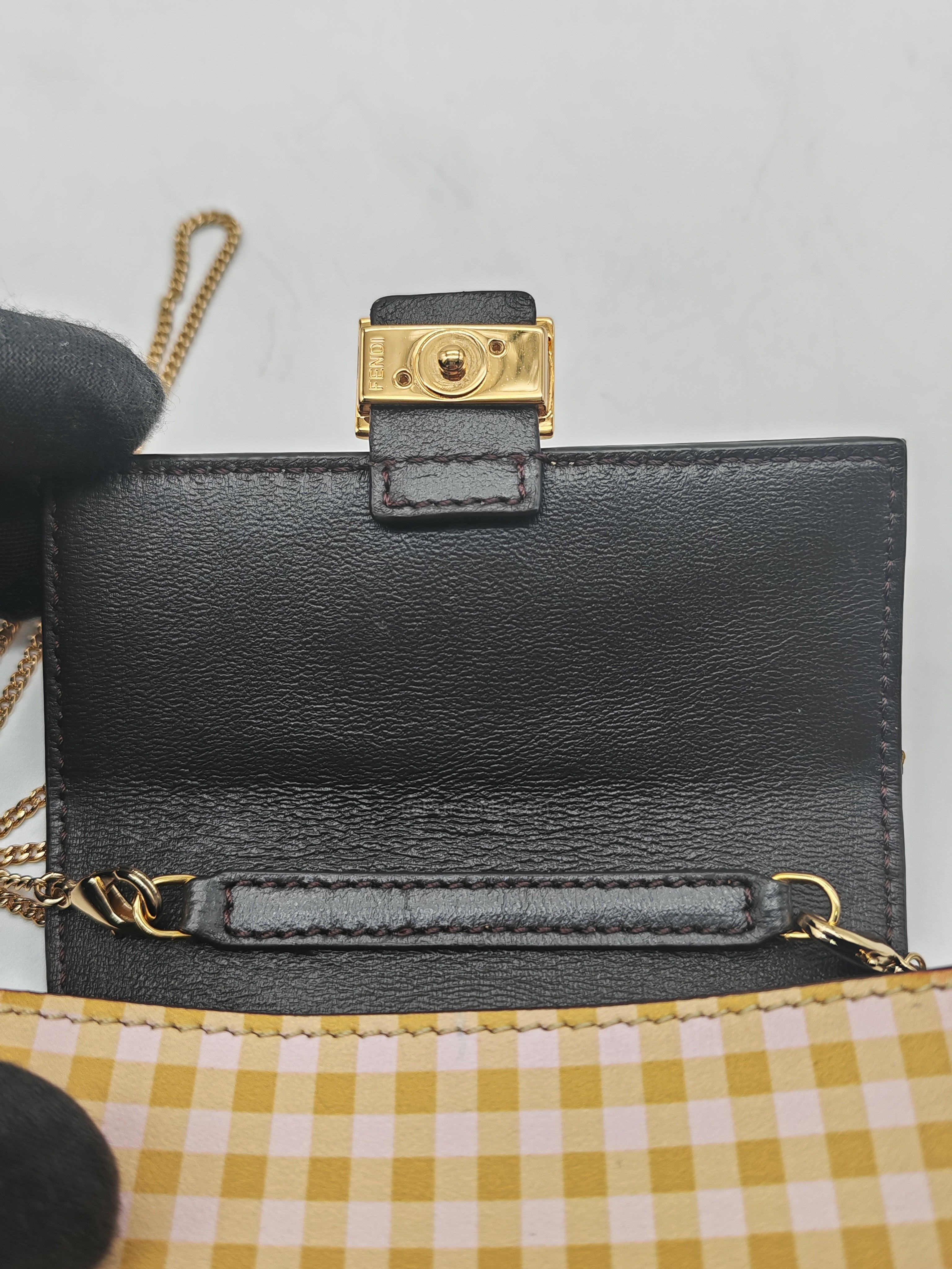 Fendi Vitello Century Nano Gingham Baguette Charm Rosewood Mustard
