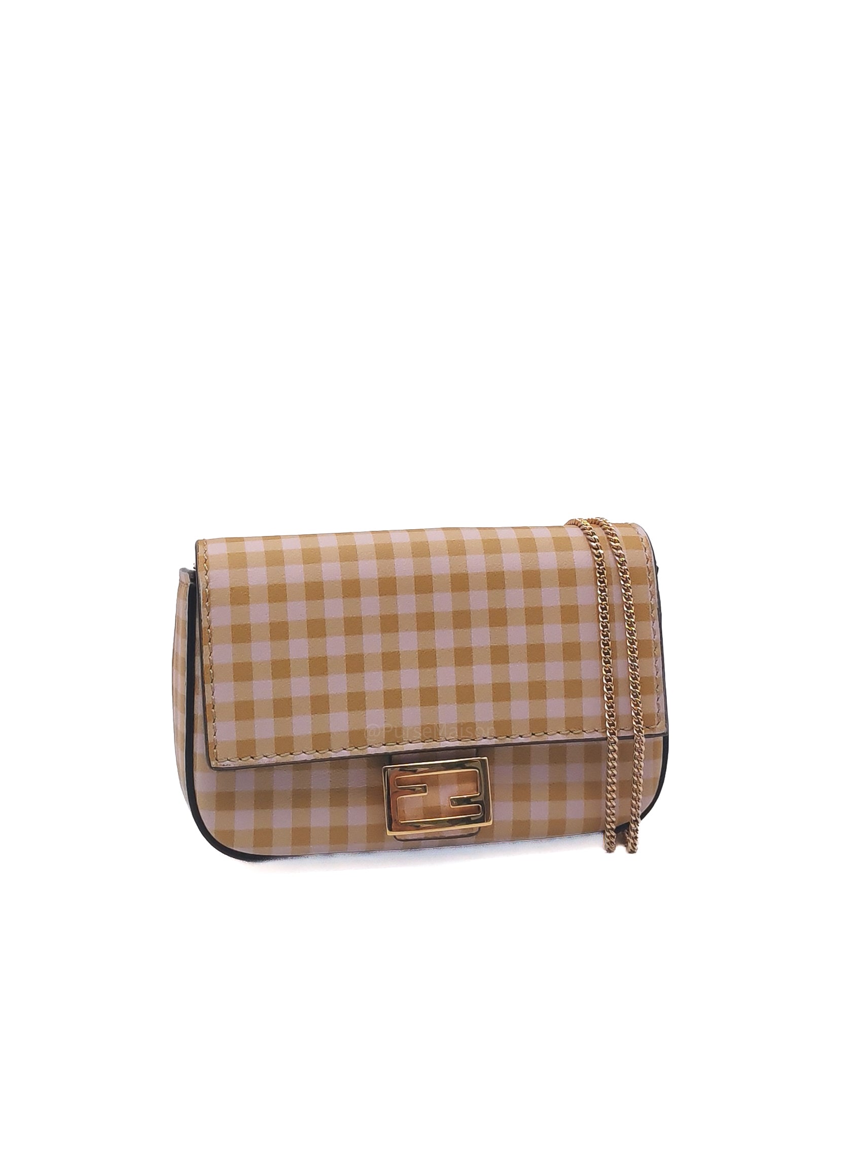 Fendi Vitello Century Nano Gingham Baguette Charm Rosewood Mustard