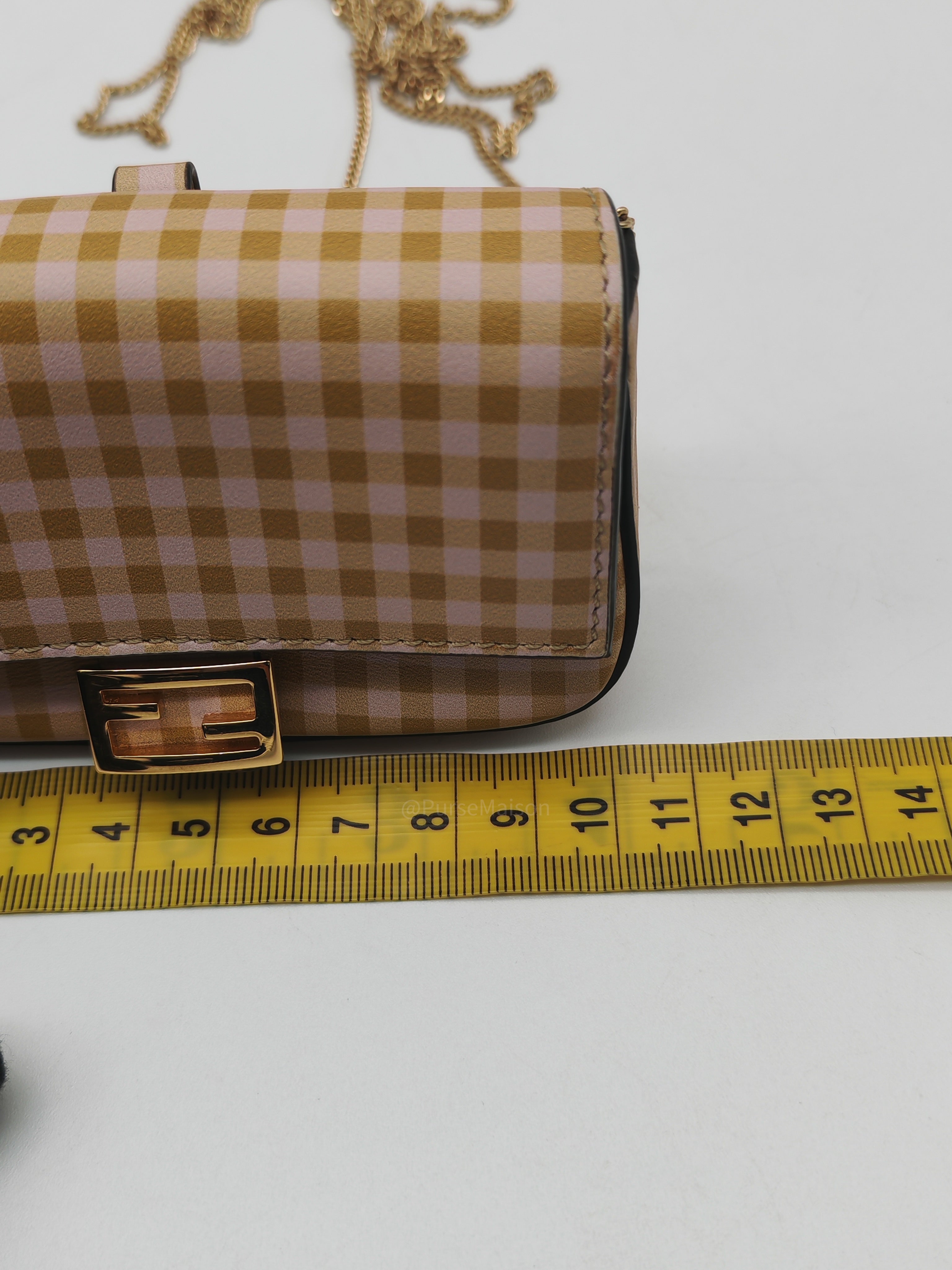 Fendi Vitello Century Nano Gingham Baguette Charm Rosewood Mustard