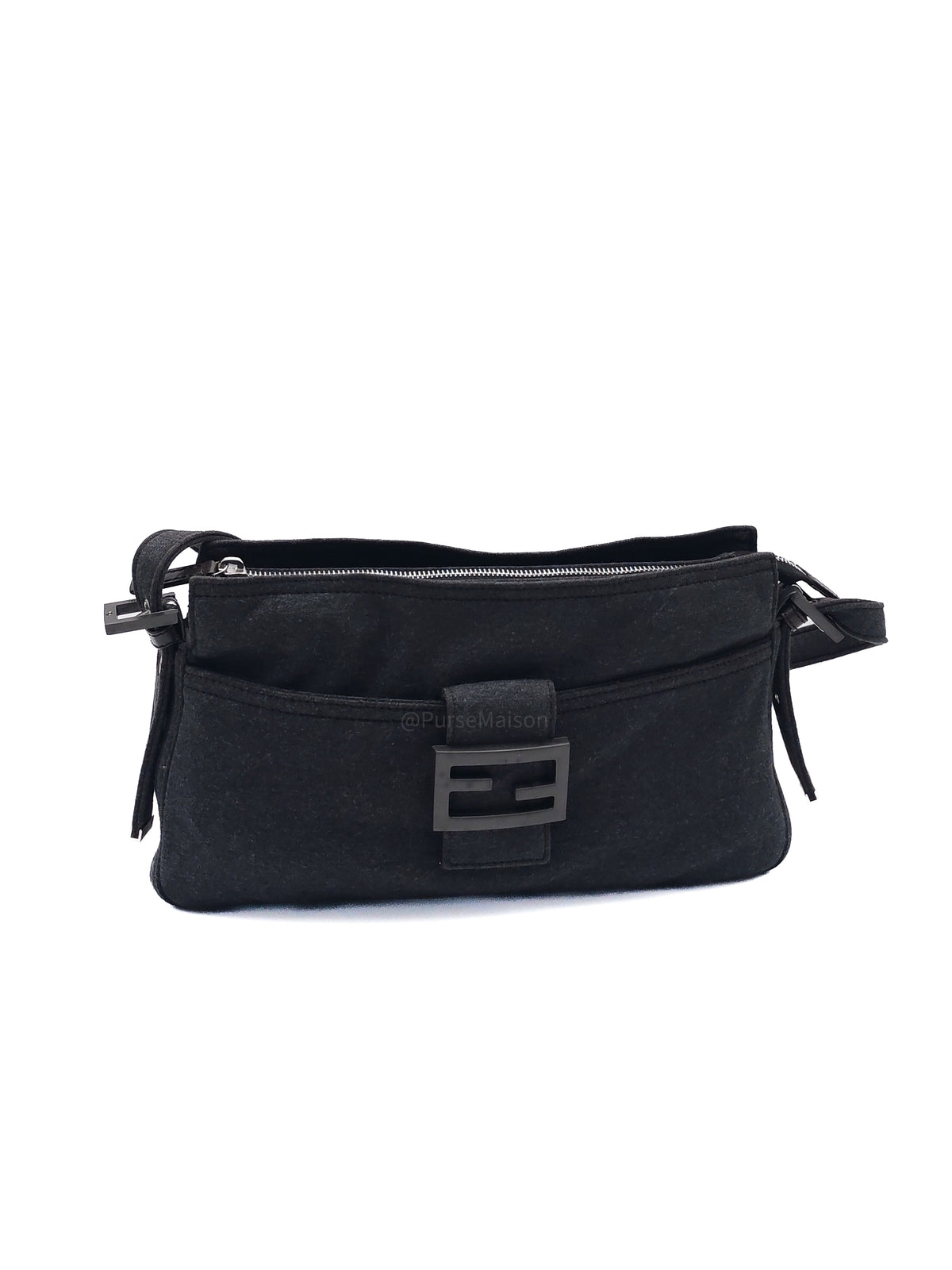 Fendi Zucca FF Baguette Shoulder Bag in Black Fabric and Black/Silver Hardware