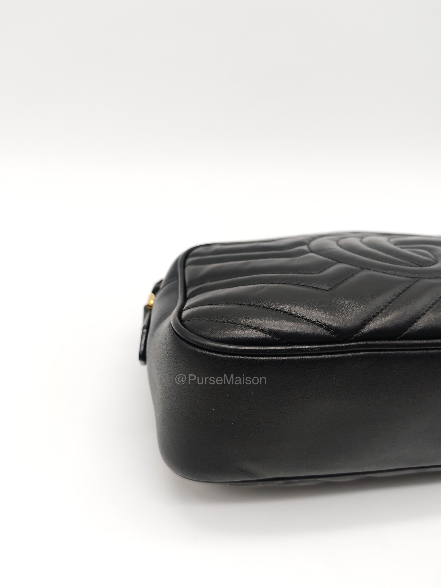 Gucci GG Small Camera Bag in Black Cheveron Quilted Matelasse Leather and Gold Hardware