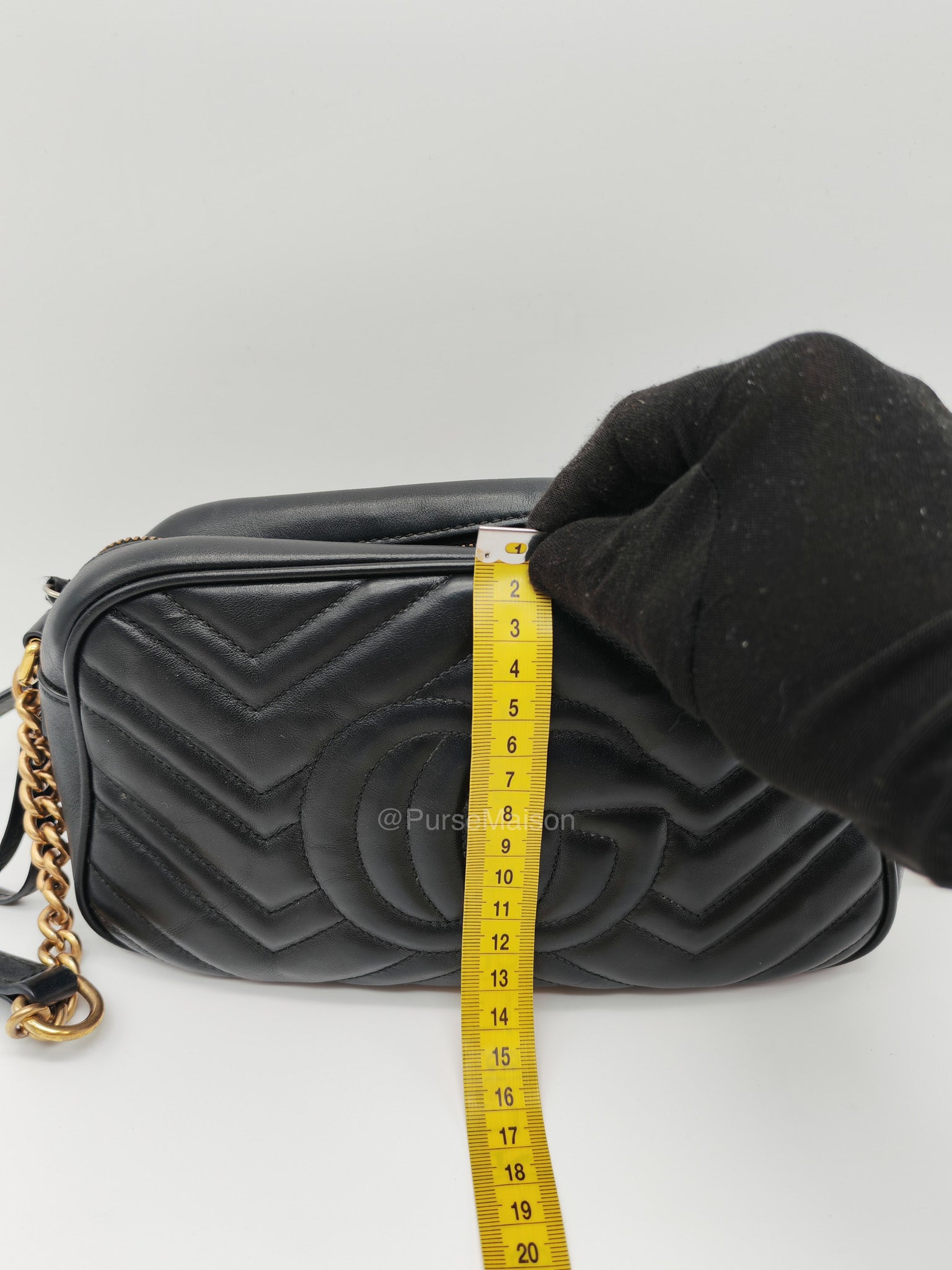 Gucci GG Small Camera Bag in Black Cheveron Quilted Matelasse Leather and Gold Hardware